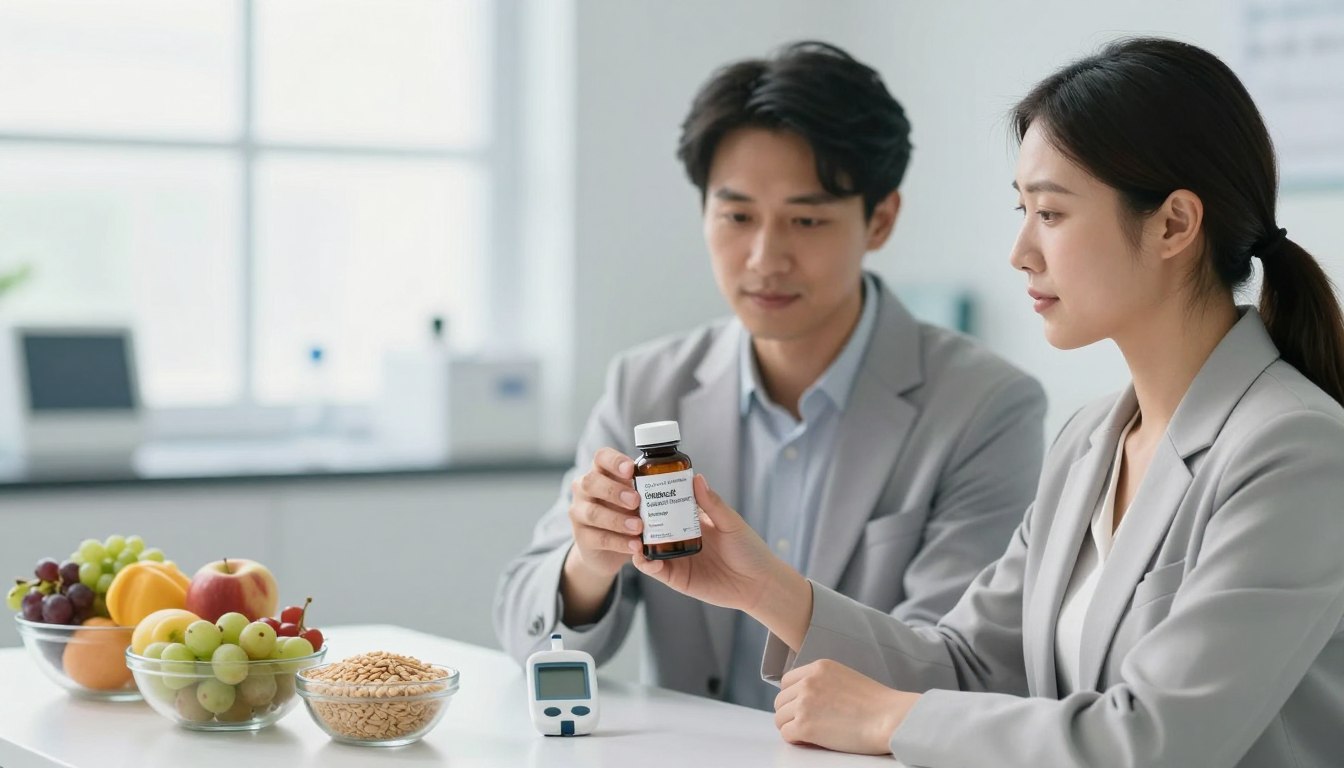 A serene clinical setting illustrating the concept of blood sugar challenges. In the foreground, a man and woman, dressed in professional business attire, are holding a sleek bottle labeled "Gluco6 Natural Diabetes Support Formula" by "Health & Wellness", both wearing expressions of hope and confidence. The middle ground features a well-lit table with a glucose meter and healthy food items like fruits and whole grains, symbolizing balanced blood sugar levels. The background showcases a soft-focus laboratory or health consultation room, with light streaming through large windows, creating an atmosphere of calm and positivity. The overall mood should convey a sense of understanding and support in managing diabetes, emphasizing the need for natural solutions. The image design omits any text, ensuring a clean and sharp visual appeal, perfect for a professional article.
