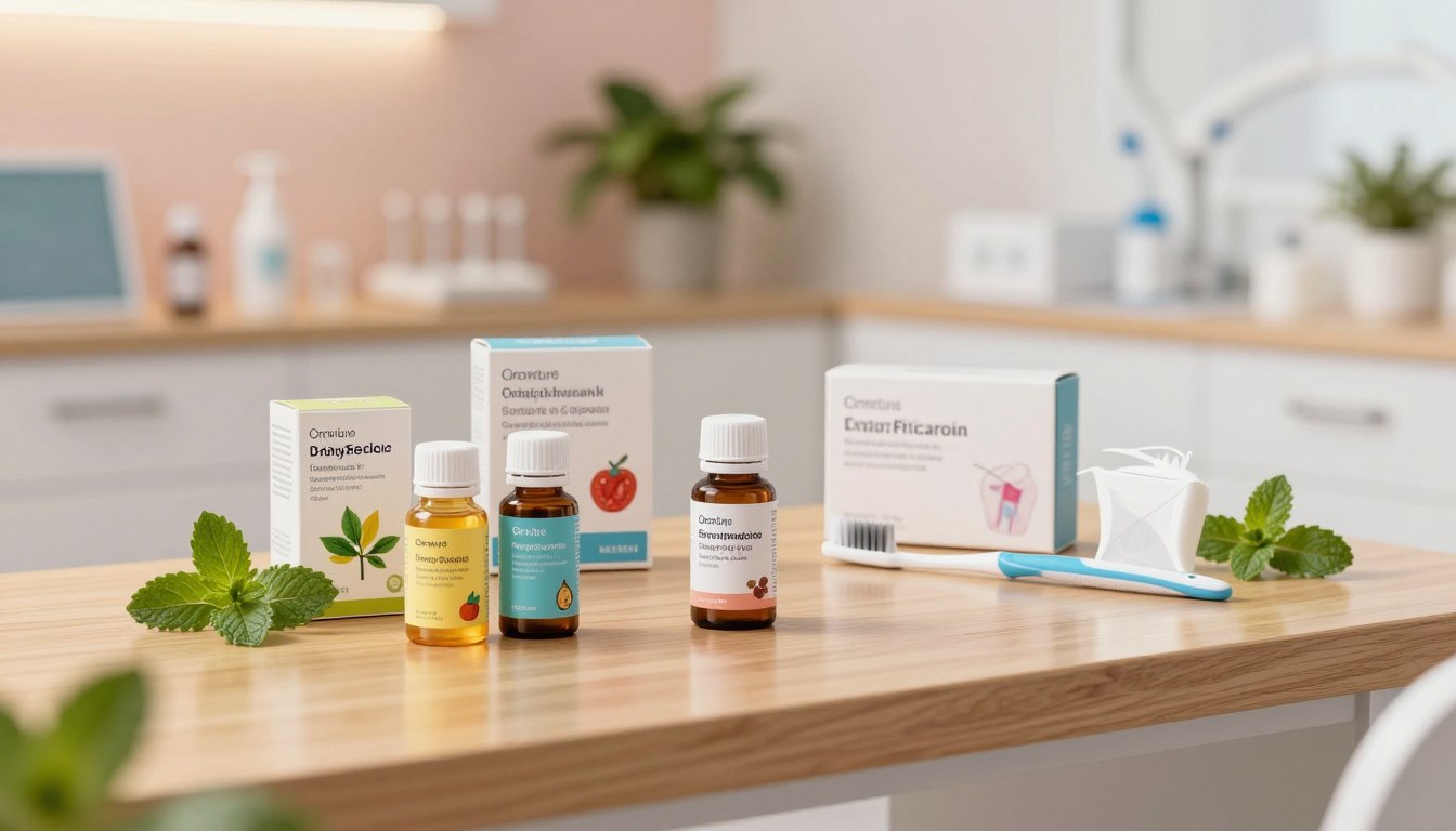 A serene dental environment showcasing a variety of oral probiotics in elegant packaging. In the foreground, vibrant probiotic bottles with natural ingredient illustrations, surrounded by mint leaves and gentle, warm lighting that reflects care and health. The middle ground features a polished wooden dental table with a toothbrush and dental floss set next to the probiotics, emphasizing an organized and inviting atmosphere. In the background, a softly blurred dentist’s office with pastel colors and plants, creating a calming and modern vibe. The scene captures a revolutionary approach to oral health, conveying a sense of innovation and vitality. The lighting is soft, evoking warmth and cleanliness, inviting viewers to explore the transformative benefits of oral probiotics.