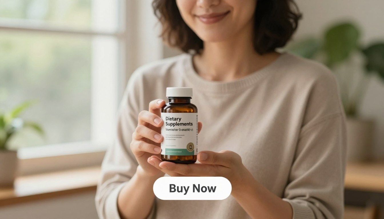 A serene indoor setting featuring a woman in modest casual clothing, holding a bottle of "Dietary Supplements" focused on nerve health. She stands in front of a softly lit window with warm natural light filtering through, creating a calm and inviting atmosphere. In the foreground, a close-up of her hands showcases the product, while the middle ground captures her gentle, confident smile, reflecting a sense of well-being and vitality. The background includes soft, blurred greenery, symbolizing nature and health, enhancing the theme of revitalization and tranquility. A subtle "Buy Now" button hovers below, emphasizing the product's availability, all without any text overlays or watermarks. A serene indoor setting featuring a woman in modest casual clothing, holding a bottle of "Dietary Supplements" focused on nerve health. She stands in front of a softly lit window with warm natural light filtering through, creating a calm and inviting atmosphere. In the foreground, a close-up of her hands showcases the product, while the middle ground captures her gentle, confident smile, reflecting a sense of well-being and vitality. The background includes soft, blurred greenery, symbolizing nature and health, enhancing the theme of revitalization and tranquility. A subtle "Buy Now" button hovers below, emphasizing the product's availability, all without any text overlays or watermarks.