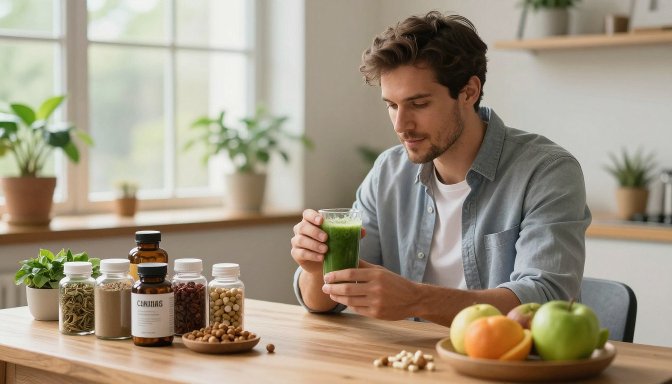 A serene indoor setting that promotes male wellness through natural supplementation. In the foreground, a well-groomed man in professional casual attire, thoughtfully examining a green smoothie made from natural ingredients. He is surrounded by various natural supplements in an organized display—bottles of herbal powders, vitamins, and superfoods, emphasizing a healthy lifestyle. The middle ground features a wooden table adorned with fresh fruits, nuts, and leafy greens. In the background, soft natural light spills in through a large window, illuminating indoor plants that symbolize vitality and growth. The atmosphere is calm and focused, conveying a sense of well-being and rejuvenation. The image should have a warm color palette, reflecting health and positivity, captured with a soft focus lens to enhance the tranquility of the scene. A serene indoor setting that promotes male wellness through natural supplementation. In the foreground, a well-groomed man in professional casual attire, thoughtfully examining a green smoothie made from natural ingredients. He is surrounded by various natural supplements in an organized display—bottles of herbal powders, vitamins, and superfoods, emphasizing a healthy lifestyle. The middle ground features a wooden table adorned with fresh fruits, nuts, and leafy greens. In the background, soft natural light spills in through a large window, illuminating indoor plants that symbolize vitality and growth. The atmosphere is calm and focused, conveying a sense of well-being and rejuvenation. The image should have a warm color palette, reflecting health and positivity, captured with a soft focus lens to enhance the tranquility of the scene.