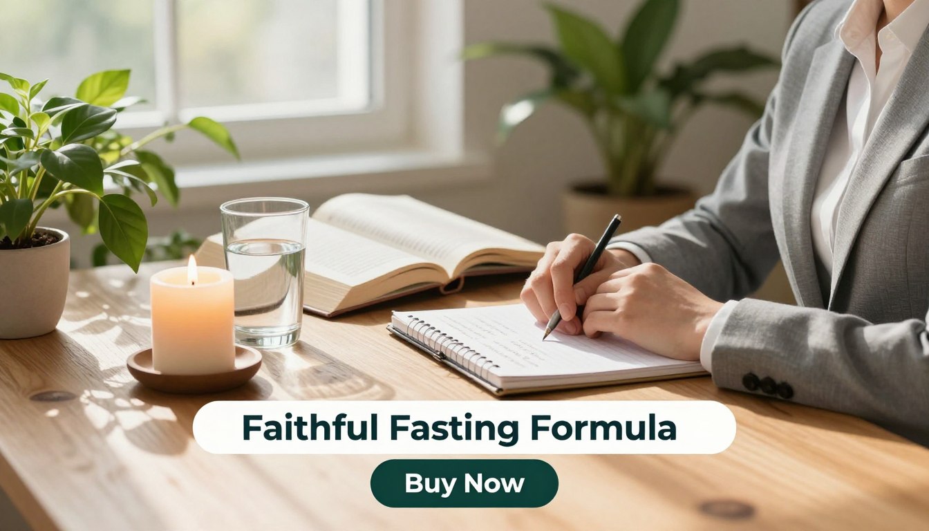 A serene, inviting scene illustrating the concept of "Faithful Fasting Formula" for fasting support. In the foreground, a well-dressed individual, wearing professional attire, sits peacefully at a wooden table adorned with elements symbolizing faith and fasting—a gently glowing candle, a notebook with written affirmations, and a glass of water. The middle layer features an open book on fasting principles, surrounded by lush green plants that symbolize growth and vitality. In the background, soft sunlight streams through a window, casting gentle shadows and creating a warm, uplifting atmosphere. The overall mood is calm and encouraging, conveying a sense of hope and dedication to spiritual and physical well-being. Prominently display the brand name “Faithful Fasting Formula” at the bottom with a bold design, accompanied by a clear "Buy Now" button for immediate engagement. A serene, inviting scene illustrating the concept of "Faithful Fasting Formula" for fasting support. In the foreground, a well-dressed individual, wearing professional attire, sits peacefully at a wooden table adorned with elements symbolizing faith and fasting—a gently glowing candle, a notebook with written affirmations, and a glass of water. The middle layer features an open book on fasting principles, surrounded by lush green plants that symbolize growth and vitality. In the background, soft sunlight streams through a window, casting gentle shadows and creating a warm, uplifting atmosphere. The overall mood is calm and encouraging, conveying a sense of hope and dedication to spiritual and physical well-being. Prominently display the brand name “Faithful Fasting Formula” at the bottom with a bold design, accompanied by a clear "Buy Now" button for immediate engagement.