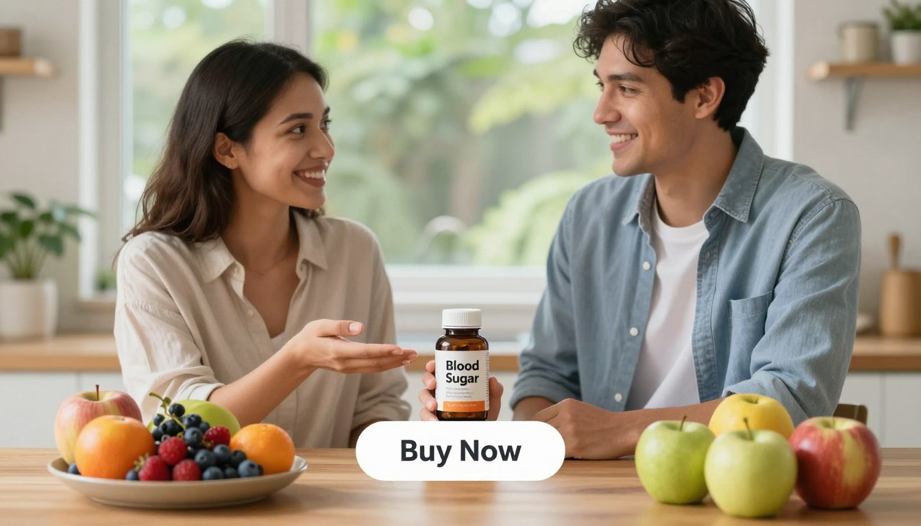 A serene kitchen setting bathed in soft, natural daylight, showcasing a male and female model, both dressed in professional casual attire, standing beside a wooden table. The man holds a sleek bottle labeled "Blood Sugar", emphasizing its natural glucose control formula. The woman gestures toward the bottle with a welcoming smile, demonstrating an inviting atmosphere. In the foreground, a vibrant arrangement of fresh fruits like berries and apples surrounds the product, symbolizing natural health. The middle ground features a clear and simple "Buy Now" button subtly placed beneath the product. In the background, blurred greenery brings a calm and organic vibe, enhancing the focus on the product. The overall mood is one of wellness and trust, encouraging viewers to explore natural methods for glucose control. A serene kitchen setting bathed in soft, natural daylight, showcasing a male and female model, both dressed in professional casual attire, standing beside a wooden table. The man holds a sleek bottle labeled "Blood Sugar", emphasizing its natural glucose control formula. The woman gestures toward the bottle with a welcoming smile, demonstrating an inviting atmosphere. In the foreground, a vibrant arrangement of fresh fruits like berries and apples surrounds the product, symbolizing natural health. The middle ground features a clear and simple "Buy Now" button subtly placed beneath the product. In the background, blurred greenery brings a calm and organic vibe, enhancing the focus on the product. The overall mood is one of wellness and trust, encouraging viewers to explore natural methods for glucose control.