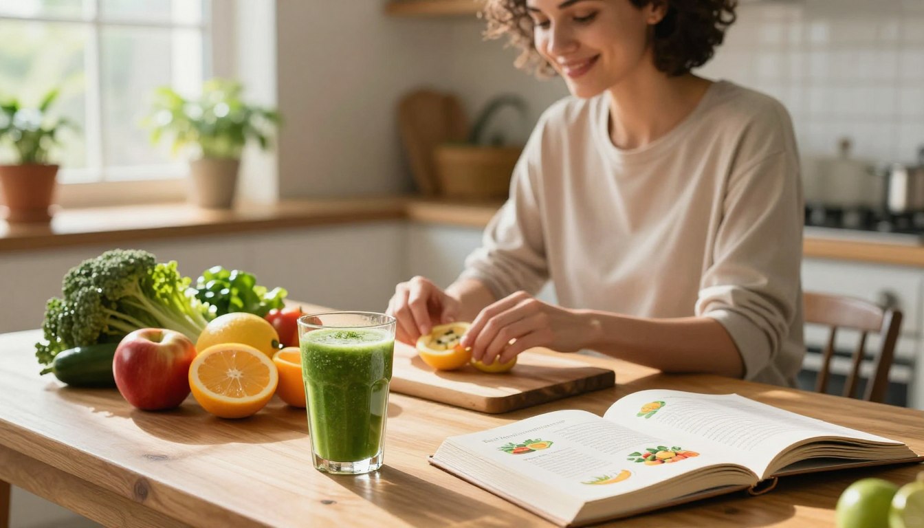 A serene kitchen setting bathed in warm, natural light, featuring a wooden table adorned with an assortment of fresh fruits and vegetables, illustrating a natural weight loss solution. In the foreground, a healthy smoothie in a glass sits next to a recipe book open to a page showcasing nutritious meal ideas. The middle ground shows a professional-looking individual casually dressed in modest clothing, exploring these natural ingredients with a content smile, conveying positivity and motivation. In the background, sunlight streams through a window, highlighting potted herbs and plants, adding to the atmosphere of health and wellness. The overall mood is inspiring, inviting viewers to embrace a holistic approach to weight loss.