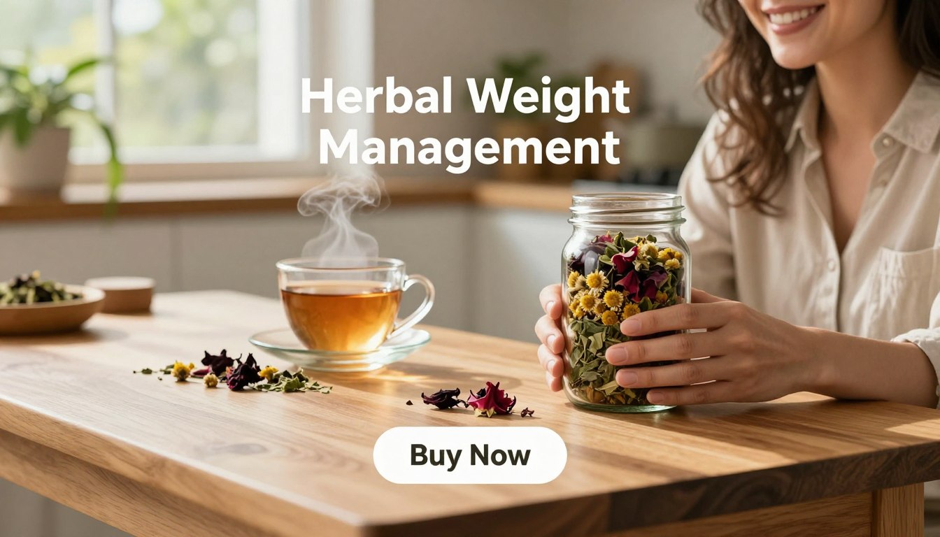 A serene kitchen setting with natural light filtering through a window, focusing on a wooden table. In the foreground, a smiling woman in modest casual clothing holds a glass jar filled with colorful herbal detox blend ingredients like dried chamomile, green tea leaves, and vibrant hibiscus flowers, symbolizing vitality and health. The middle layer features a small steaming cup of the brewed tea, along with a few scattered herbal elements elegantly arranged. The background shows soft green plants and a hint of a kitchen counter, creating a relaxing atmosphere. A stylized "Buy Now" button sits subtly beneath the table. The brand name "Herbal Weight Management" is artistically integrated into the scene. The lighting is warm and inviting, suggesting a focus on wellness and natural living.
