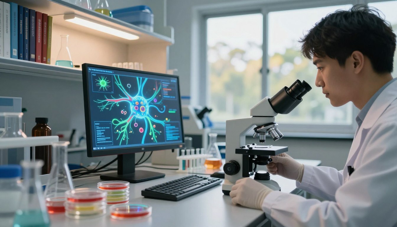 A serene laboratory setting filled with scientific tools and equipment, including petri dishes and microscopes, in the foreground. A close-up of a researcher in a white lab coat, attentively observing nerve cells under a microscope, emphasizing meticulous research. In the middle ground, a digital display showcases vibrant, animated diagrams of nerve support mechanisms, glowing softly with blues and greens. The background features shelves lined with reference books about neurobiology, lit by soft, warm overhead lighting that creates a calm, focused atmosphere. A large window reveals a tranquil outdoor scene, with gentle sunlight filtering through trees, symbolizing vitality and growth. Overall, convey a mood of scientific discovery and innovation in health. A serene laboratory setting filled with scientific tools and equipment, including petri dishes and microscopes, in the foreground. A close-up of a researcher in a white lab coat, attentively observing nerve cells under a microscope, emphasizing meticulous research. In the middle ground, a digital display showcases vibrant, animated diagrams of nerve support mechanisms, glowing softly with blues and greens. The background features shelves lined with reference books about neurobiology, lit by soft, warm overhead lighting that creates a calm, focused atmosphere. A large window reveals a tranquil outdoor scene, with gentle sunlight filtering through trees, symbolizing vitality and growth. Overall, convey a mood of scientific discovery and innovation in health.