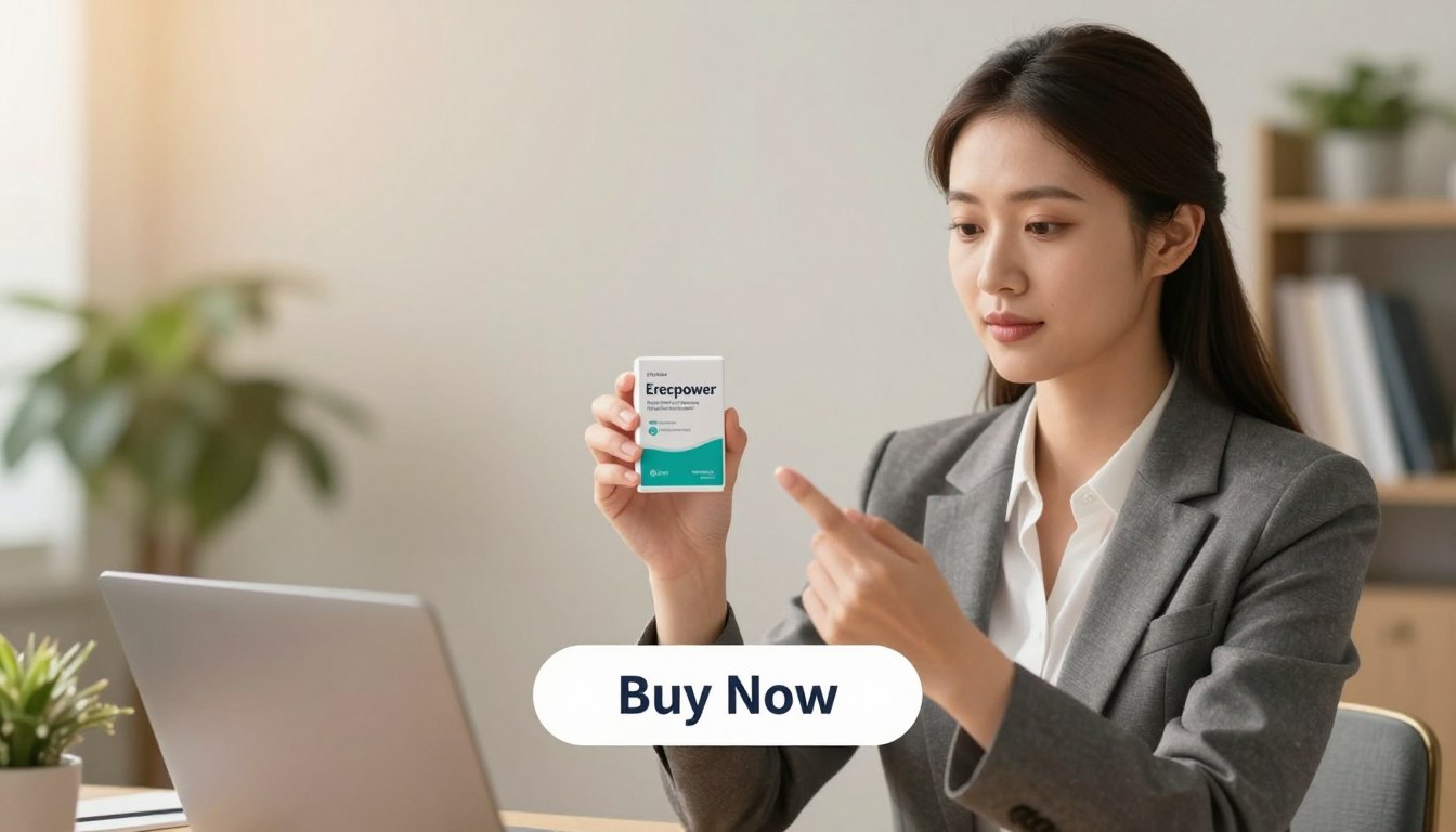 A serene office setting with a professional female figure in a smart business suit, confidently holding the "Erecpower" product in one hand and gesturing towards a "Buy Now" button displayed below. The foreground features her focused expression, symbolizing empowerment and support. In the middle ground, display soft, diffused lighting that creates a warm atmosphere, highlighting a sense of relief and freedom from anxiety. The background is a calming, softly blurred office space, incorporating elements like plants and a bookshelf, which convey professionalism and tranquility. The overall mood should evoke positivity and a sense of breaking free from the cycle of male performance anxiety, while maintaining a clean, SFW aesthetic. Include the brand name "Sexual Performance Support" subtly in the design.