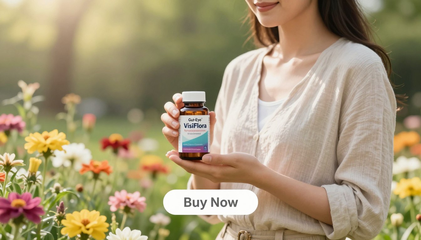 A serene outdoor scene depicting a woman in a modest casual outfit, gently holding a bottle of "Gut-Eye Vision Supplement." She is standing in vibrant, blooming flowers, representing the concept of "VisiFlora" to enhance outdoor spaces. The image captures the essence of the gut-eye connection, with her eyes appearing bright and clear, set against the lush greenery and colorful blossoms in the background. Soft sunlight filters through the leaves, creating a warm and inviting atmosphere. A subtle "Buy Now" button is positioned elegantly below her, ensuring it complements the overall composition without distraction. The photo is captured at eye level with a shallow depth of field to emphasize the product and the connection between nature and well-being. A serene outdoor scene depicting a woman in a modest casual outfit, gently holding a bottle of "Gut-Eye Vision Supplement." She is standing in vibrant, blooming flowers, representing the concept of "VisiFlora" to enhance outdoor spaces. The image captures the essence of the gut-eye connection, with her eyes appearing bright and clear, set against the lush greenery and colorful blossoms in the background. Soft sunlight filters through the leaves, creating a warm and inviting atmosphere. A subtle "Buy Now" button is positioned elegantly below her, ensuring it complements the overall composition without distraction. The photo is captured at eye level with a shallow depth of field to emphasize the product and the connection between nature and well-being.