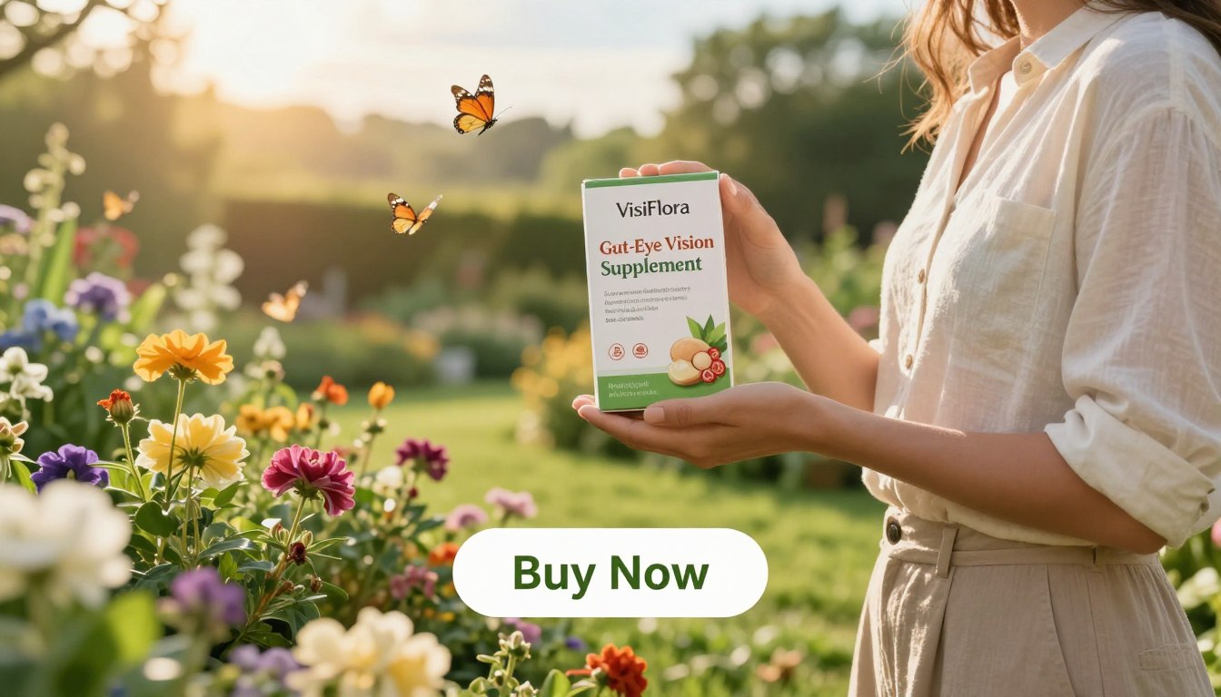 A serene outdoor setting featuring a well-groomed garden with vibrant flowers and lush greenery. In the foreground, a woman in modest casual attire holds the VisiFlora ingredients antioxidant protection product, showcasing its elegant packaging. The product label reads "Gut-Eye Vision Supplement" in clear, attractive font. A soft, golden sunlight bathes the scene, creating a warm, inviting atmosphere. In the middle ground, blooming flowers in various colors complement the product, while butterflies flutter around, enhancing the lively mood. The background features a blurred effect of trees and a tranquil sky, emphasizing the product's natural ingredients. Below the woman, a prominent "Buy Now" button is artistically integrated into the scene. A serene outdoor setting featuring a well-groomed garden with vibrant flowers and lush greenery. In the foreground, a woman in modest casual attire holds the VisiFlora ingredients antioxidant protection product, showcasing its elegant packaging. The product label reads "Gut-Eye Vision Supplement" in clear, attractive font. A soft, golden sunlight bathes the scene, creating a warm, inviting atmosphere. In the middle ground, blooming flowers in various colors complement the product, while butterflies flutter around, enhancing the lively mood. The background features a blurred effect of trees and a tranquil sky, emphasizing the product's natural ingredients. Below the woman, a prominent "Buy Now" button is artistically integrated into the scene.