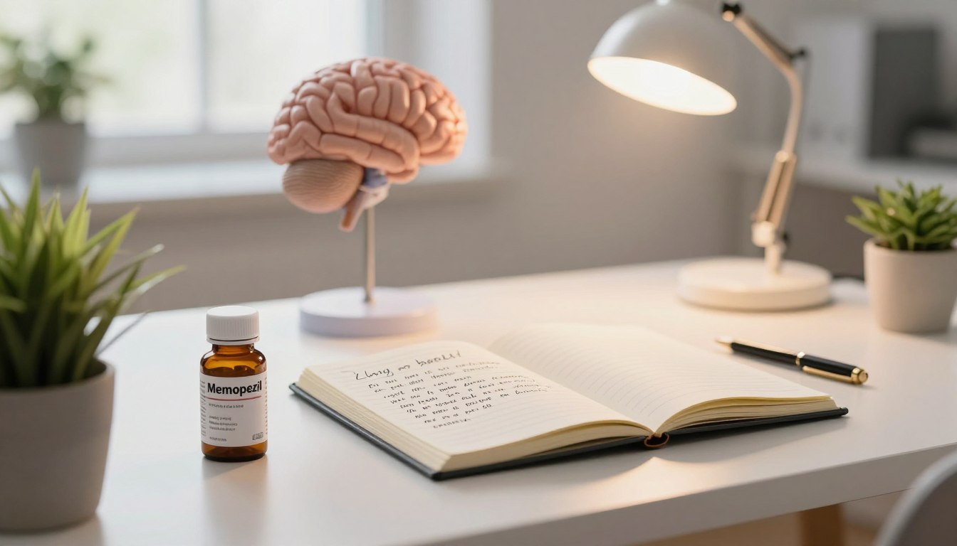 A serene, professional scene depicting the concept of long-term brain health. In the foreground, a neatly arranged desk with a bottle of Memopezil, surrounded by fresh green plants symbolizing vitality. In the middle, an open notebook with handwritten notes about Alzheimer's disease and treatment, alongside a bright desk lamp casting warm, inviting light. The background features a soft, blurred image of a brain model and a window with natural sunlight streaming in, creating a calming atmosphere. The overall mood is hopeful and informative, emphasizing the importance of brain health and care in a modern office setting. The angle should be slightly elevated, offering a clear view of the desk while maintaining a sense of depth.