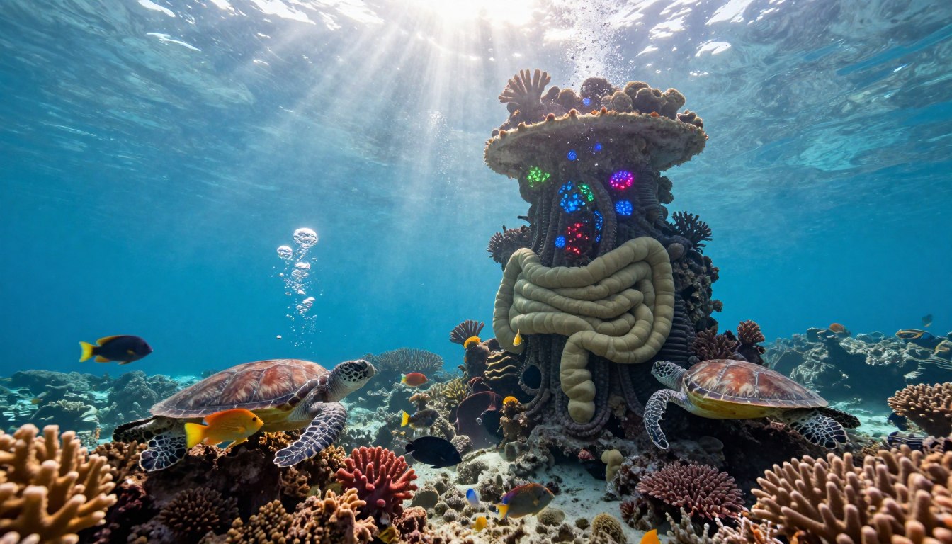A serene underwater scene depicting a vibrant coral reef, with an emphasis on a mystical, ancient-looking underwater structure symbolizing gut health. In the foreground, colorful, healthy marine life, such as fish and sea turtles, gracefully swim around the unique structure adorned with bioluminescent elements. In the middle ground, realistic bubbles gently rise towards the surface, adding to the tranquility of the scene. The background features soft, diffused sunlight filtering through the water, creating an ethereal glow. The atmosphere is peaceful and inviting, encouraging a sense of well-being and harmony. Use a wide-angle lens to capture the depth of the underwater world, ensuring vibrant colors and intricate details are prominent.