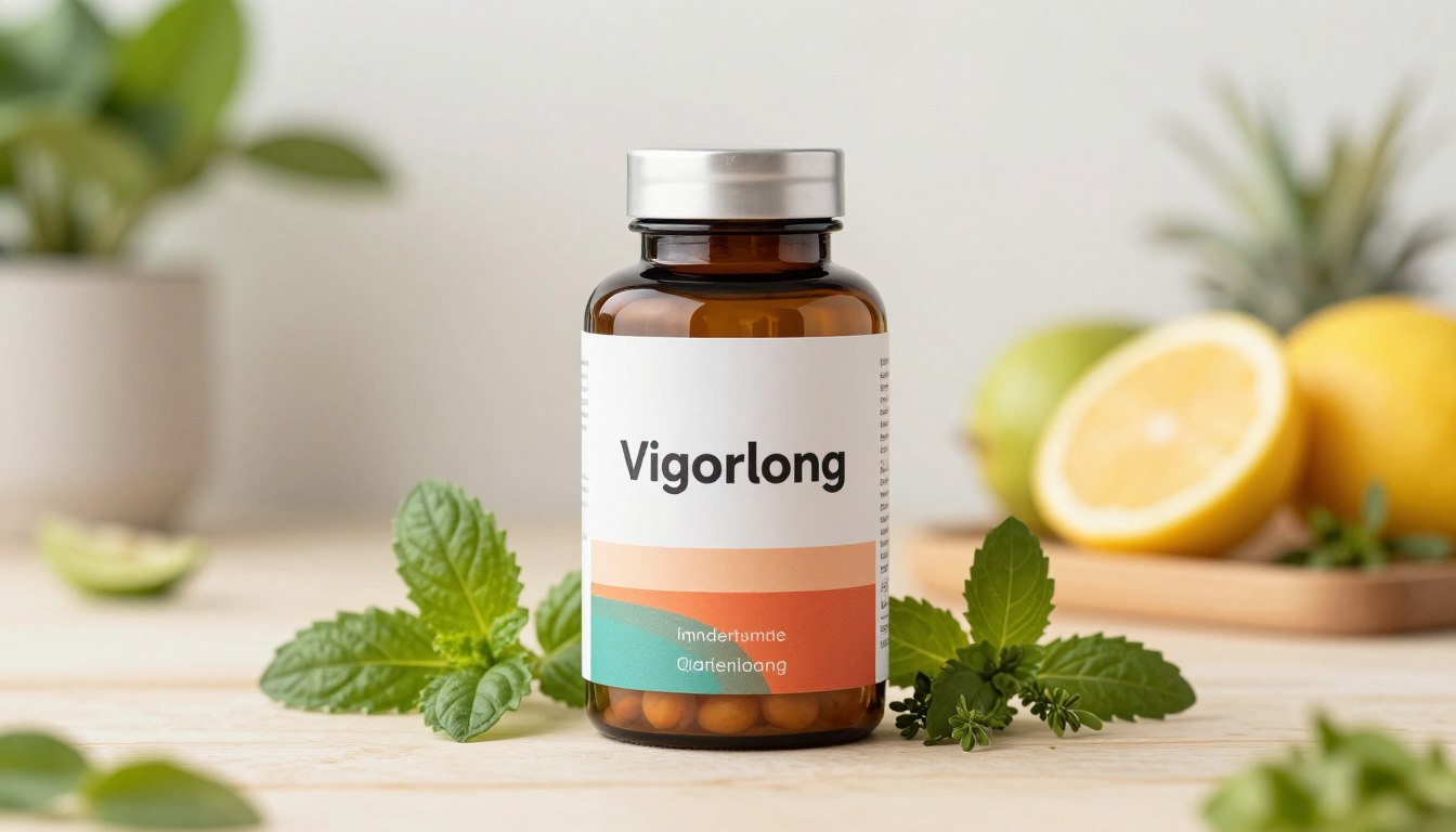 A sleek and modern Vigorlong supplement bottle sits prominently in the foreground, made of glass with a matte finish and an elegant label, featuring vibrant colors that evoke vitality. Surrounding the bottle are fresh, energetic ingredients like herbs and fruits, artistically arranged on a clean wooden surface. In the middle ground, soft diffused lighting highlights the product, creating a sense of warmth and health. The background is a bright, airy wellness-oriented setting with blurred green plants and a calming atmosphere, suggesting a natural, holistic approach to wellness. The overall mood is uplifting and vibrant, evoking feelings of health and vitality, with a focus on the transformative power of Vigorlong.