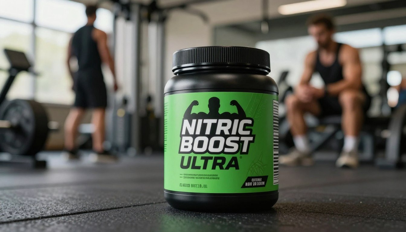 A sleek container of Nitric Boost Ultra sits prominently in the foreground, showcasing its modern, eye-catching design with a matte black finish accentuated by a vibrant green label featuring a muscle graphic. The background features a blurred gym setting, highlighting weight equipment and fitness enthusiasts engaged in strength training. Soft, natural lighting illuminates the scene, casting gentle shadows that enhance the textural contrast of the product and the gym environment. The composition includes a close-up angle, focusing on the nutritional supplement to emphasize its importance for muscle building. The overall atmosphere conveys energy and determination, appealing to fitness enthusiasts seeking to enhance their performance.