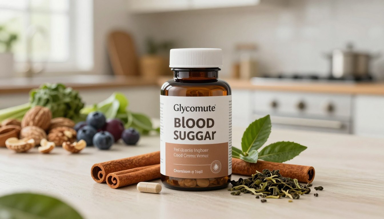 A sleek, elegant overview of a natural blood sugar support supplement, featuring a bottle of Glycomute Blood Sugar placed prominently in the foreground. The supplement bottle is designed with earthy tones and a modern aesthetic, showcasing botanical elements like cinnamon sticks, chromium, and green tea leaves artistically arranged around it. In the middle ground, blurred images of healthy foods, such as nuts, berries, and leafy greens, create a vibrant, health-conscious atmosphere. The background features a softly lit kitchen space, providing a warm and inviting ambiance with natural light coming in from a nearby window. The scene captures a sense of balance and well-being, evoking trust and natural health solutions. A sleek, elegant overview of a natural blood sugar support supplement, featuring a bottle of Glycomute Blood Sugar placed prominently in the foreground. The supplement bottle is designed with earthy tones and a modern aesthetic, showcasing botanical elements like cinnamon sticks, chromium, and green tea leaves artistically arranged around it. In the middle ground, blurred images of healthy foods, such as nuts, berries, and leafy greens, create a vibrant, health-conscious atmosphere. The background features a softly lit kitchen space, providing a warm and inviting ambiance with natural light coming in from a nearby window. The scene captures a sense of balance and well-being, evoking trust and natural health solutions.