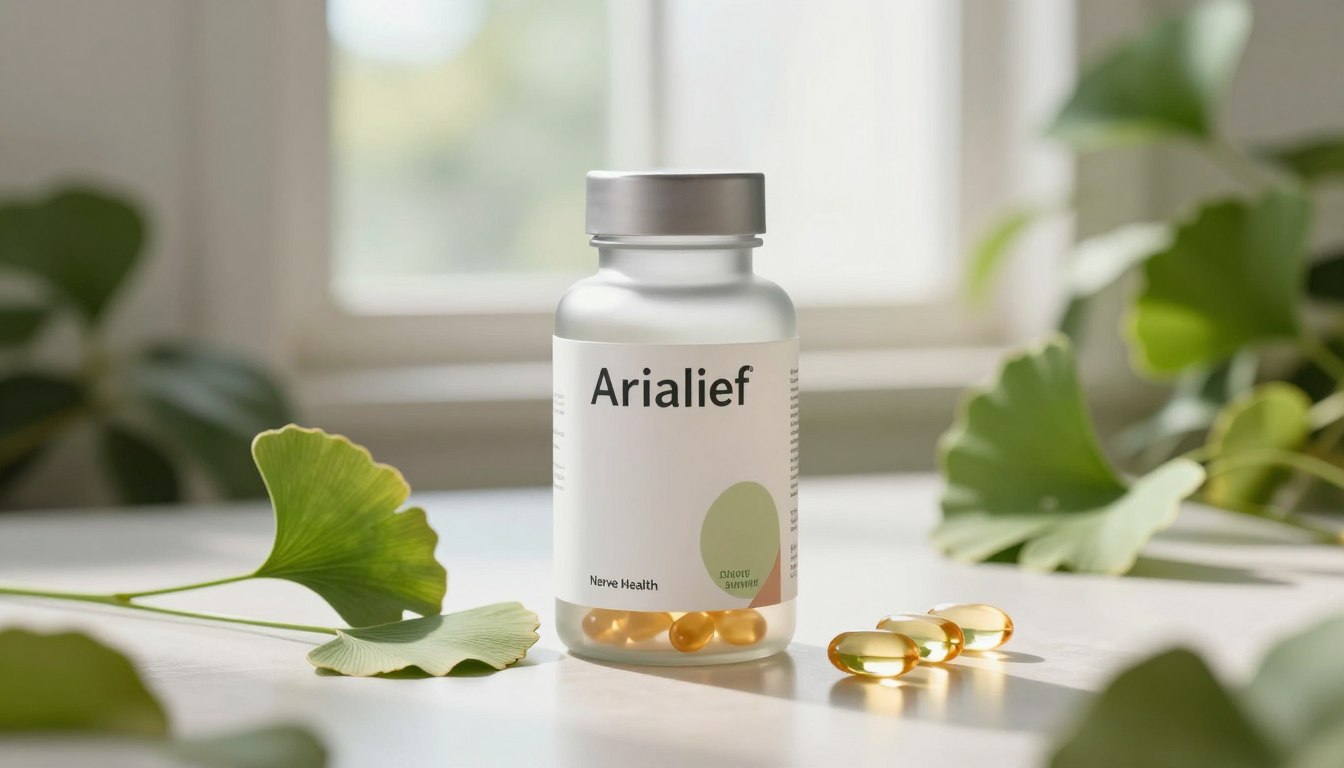 A sleek, modern bottle of Arialief nerve health supplement, elegantly placed on a clean, reflective surface amid lush greenery that symbolizes vitality. The bottle is made of frosted glass with minimalist labels showcasing soft, calming colors. In the foreground, delicate herbs and ingredients such as ginkgo biloba leaves and omega-3 capsules are artistically scattered around the bottle, invoking a sense of natural health. The middle layer features soft, diffused lighting that highlights the product's contours without harsh shadows, creating an inviting atmosphere. In the background, a blurred view of a tranquil indoor space with light streaming through a window enhances the feeling of wellness and serenity. The overall mood is refreshing and rejuvenating, aimed at illustrating a premium health supplement for nerve support. A sleek, modern bottle of Arialief nerve health supplement, elegantly placed on a clean, reflective surface amid lush greenery that symbolizes vitality. The bottle is made of frosted glass with minimalist labels showcasing soft, calming colors. In the foreground, delicate herbs and ingredients such as ginkgo biloba leaves and omega-3 capsules are artistically scattered around the bottle, invoking a sense of natural health. The middle layer features soft, diffused lighting that highlights the product's contours without harsh shadows, creating an inviting atmosphere. In the background, a blurred view of a tranquil indoor space with light streaming through a window enhances the feeling of wellness and serenity. The overall mood is refreshing and rejuvenating, aimed at illustrating a premium health supplement for nerve support.