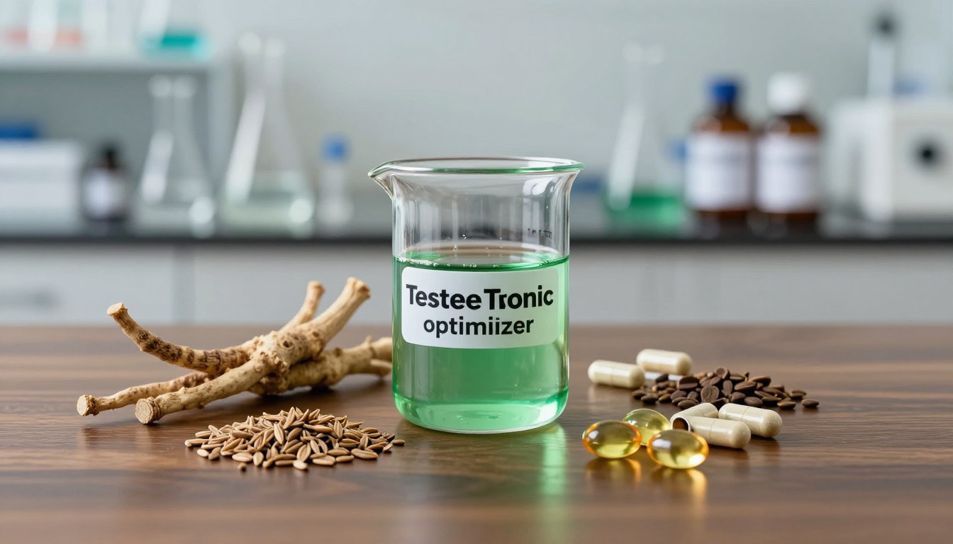 A sleek, modern composition showcasing the TestoTonic testosterone optimizer ingredients formula in a scientific setting. In the foreground, a clear glass beaker filled with a vibrant green potion symbolizes vitality. Surrounding the beaker are neatly arranged individual ingredients like ashwagandha root, fenugreek seeds, zinc capsules, and vitamin D softgels, presented on a polished, dark wooden table. In the middle, soft, diffused lighting highlights the glistening surfaces of the ingredients and the glass, creating an inviting atmosphere. The background features a blurred laboratory environment, with shelves of scientific tools and nutrient bottles, enhancing a sense of professionalism. The overall mood is energetic and optimistic, reflecting the essence of energizing health and wellness.