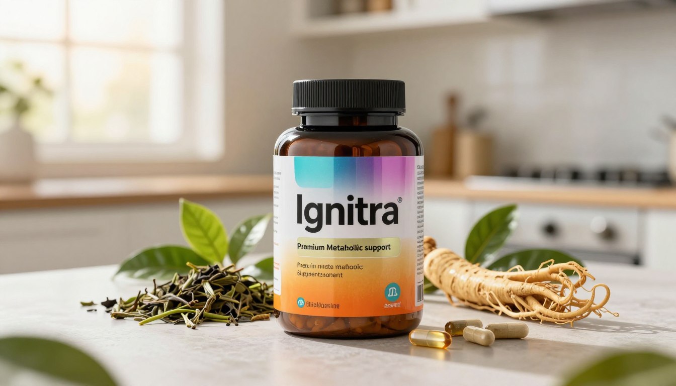 A sleek, modern container of "Ignitra," a premium metabolic support supplement, prominently displayed in the foreground. The container features a sophisticated design with a glossy finish, showcasing vibrant colors that suggest energy and vitality. In the middle ground, an assortment of natural ingredients like green tea leaves, ginseng, and vitamin capsules artfully arranged around the supplement, emphasizing its natural composition. The background features a softly blurred kitchen setting filled with sunlight spilling through a window, creating a warm and inviting atmosphere. The lighting is bright yet soft, reminiscent of early morning sunshine, evoking a sense of freshness and renewal. The overall mood is energetic and uplifting, perfect for highlighting the concepts of health and sustainable energy solutions.