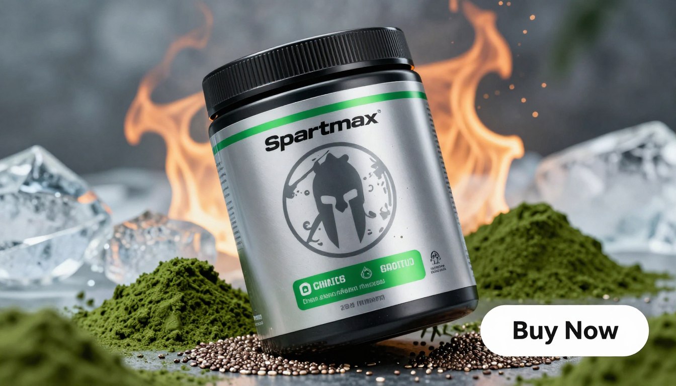 A sleek, modern fitness supplement container labeled "Spartamax" prominently displayed in the foreground. The container is silver with black and green accents, showcasing a powerful Spartan warrior silhouette embossed on the side. Surrounding the container are fresh green ingredients like spirulina and chia seeds that emphasize its natural formulation. In the middle, a dynamic background depicts an abstract blend of ice and fire, symbolizing strength and vitality. Soft, focused lighting highlights the container, creating an energetic and motivational atmosphere. The image angle is slightly tilted from above, creating a sense of action and appeal. A clear, bold "Buy Now" button overlay is subtly placed in the bottom right corner, inviting viewers to take action.
