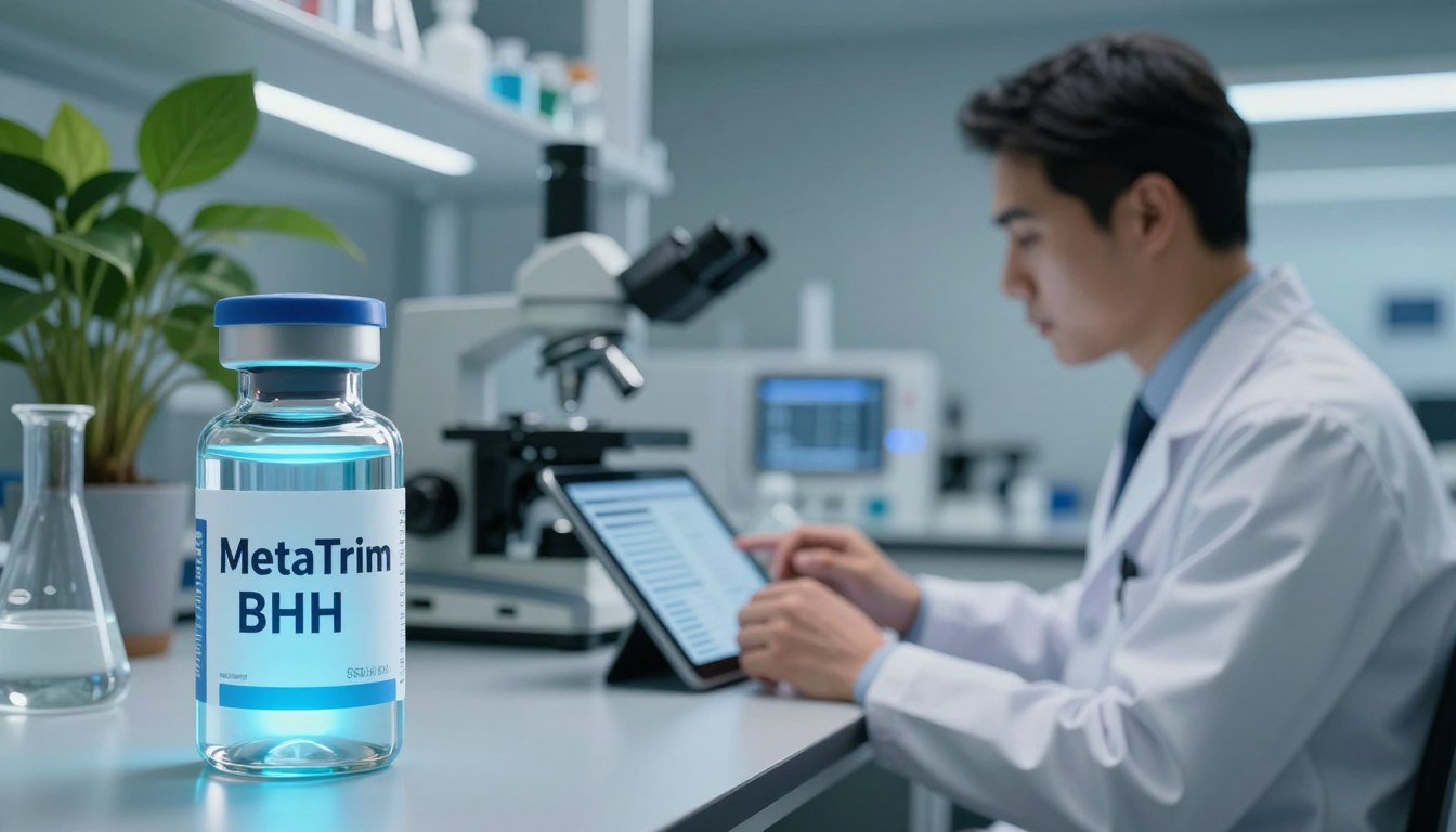 A sleek, modern laboratory setting focused on the concept of ketosis support, showcasing a sophisticated display of scientific equipment and supplements. In the foreground, a polished glass vial containing MetaTrim BHB, glowing softly in a cool, blue light, symbolizes advanced science. In the middle, a researcher in business attire, focused and attentive, examines data on a digital tablet, depicting the meticulous study of the formulation. The background features a high-tech microscope and vibrant green plant life, hinting at natural sources of energy. Ambient lighting enhances the atmosphere of innovation and professionalism. The overall mood is one of curiosity and progress, conveying the advanced science behind ketosis support without any distractions.