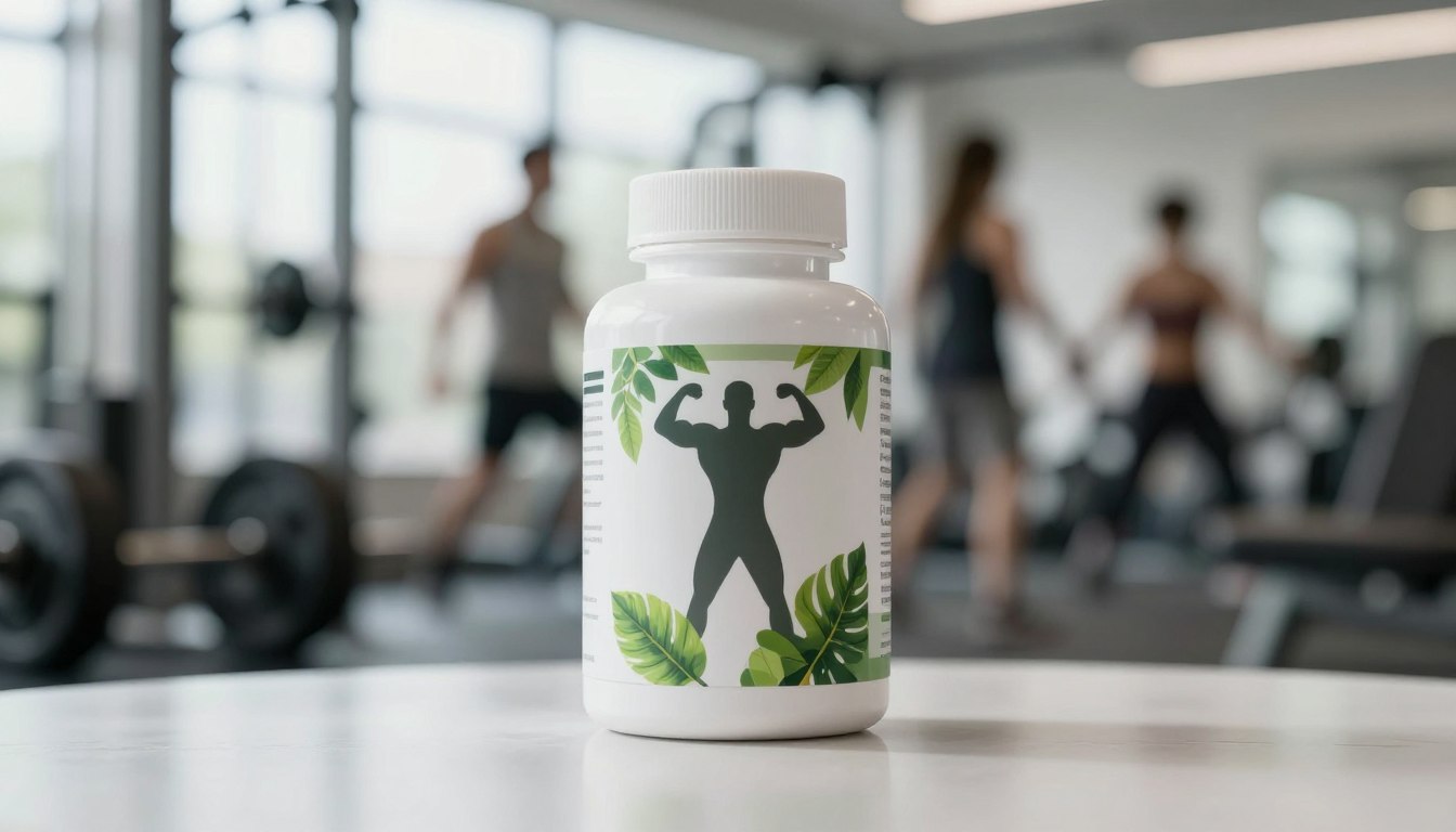 A sleek, modern male health supplement bottle prominently displayed in the foreground, showcasing a label design that includes natural elements like leaves and a muscular silhouette to convey strength. The bottle is situated on a clean, reflective surface, with a slightly blurred background depicting a bright gym environment filled with weights and workout equipment. Soft, natural lighting illuminates the scene, creating a fresh and invigorating atmosphere. The overall mood is energetic and motivating, ideal for fitness enthusiasts. The camera angle is slightly above eye level, focusing on the supplement while subtly hinting at an active lifestyle behind it. Ensure a professional setting, void of any distractions or clutter. A sleek, modern male health supplement bottle prominently displayed in the foreground, showcasing a label design that includes natural elements like leaves and a muscular silhouette to convey strength. The bottle is situated on a clean, reflective surface, with a slightly blurred background depicting a bright gym environment filled with weights and workout equipment. Soft, natural lighting illuminates the scene, creating a fresh and invigorating atmosphere. The overall mood is energetic and motivating, ideal for fitness enthusiasts. The camera angle is slightly above eye level, focusing on the supplement while subtly hinting at an active lifestyle behind it. Ensure a professional setting, void of any distractions or clutter.