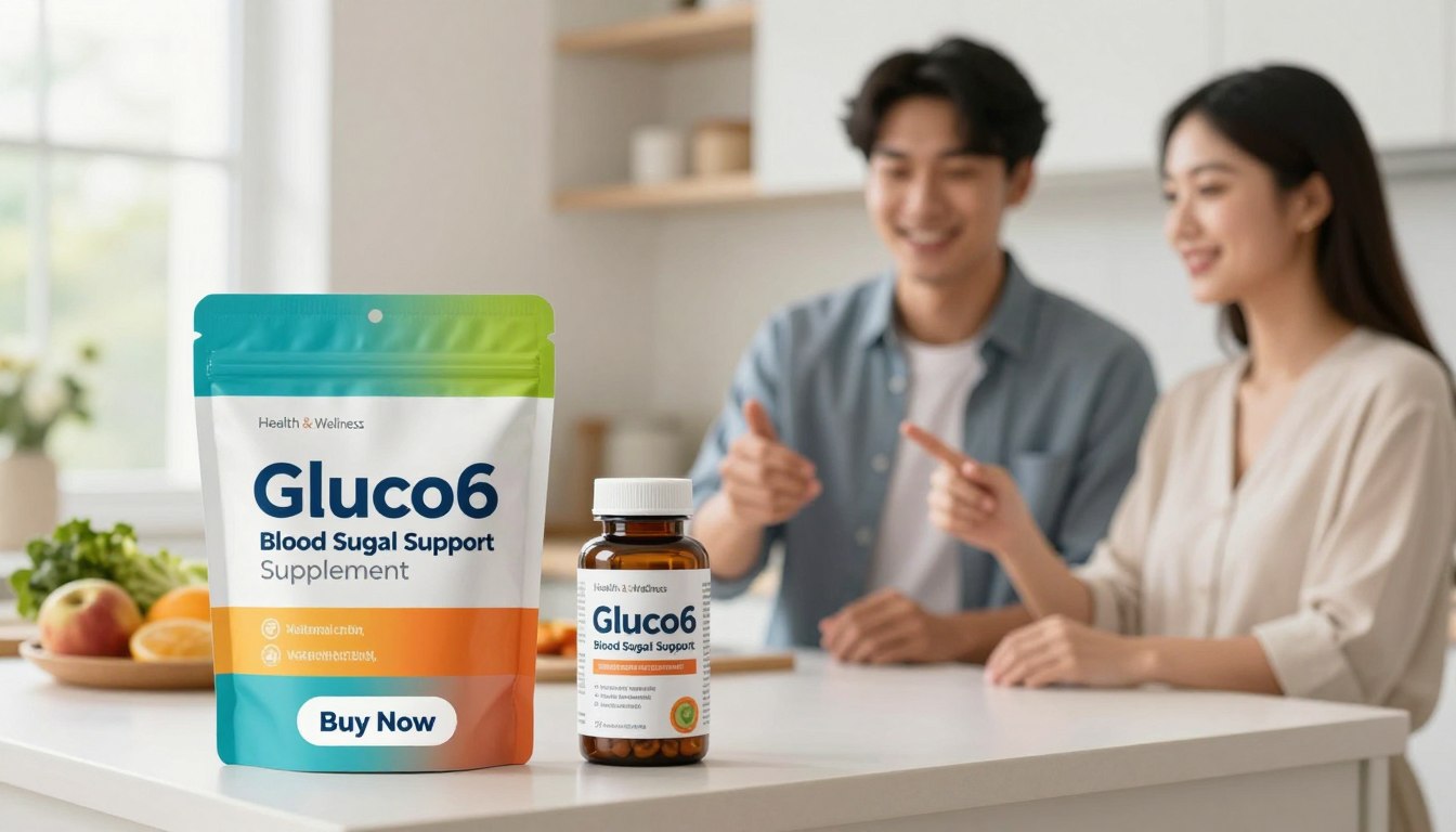 A sleek, modern package of "Gluco6 Blood Sugar Support Supplement" prominently displayed in the foreground, showcasing vibrant colors and an appealing design. A young man and woman, both in professional attire, are holding the supplement bottle, smiling, and exuding confidence in its natural benefits. In the middle ground, a clean, soft-focus kitchen setting conveys a healthy lifestyle, with fruits and greens subtly arranged, indicating a connection to metabolic health. The background features a serene, well-lit space with natural light streaming through a window, creating a warm ambiance. The atmosphere feels optimistic and inviting, emphasizing the product's role in supporting balanced blood sugar levels. Below the packaging, a stylish "Buy Now" button is incorporated, alongside the brand name "Health & Wellness" prominently displayed, without any text overlay or watermarks.