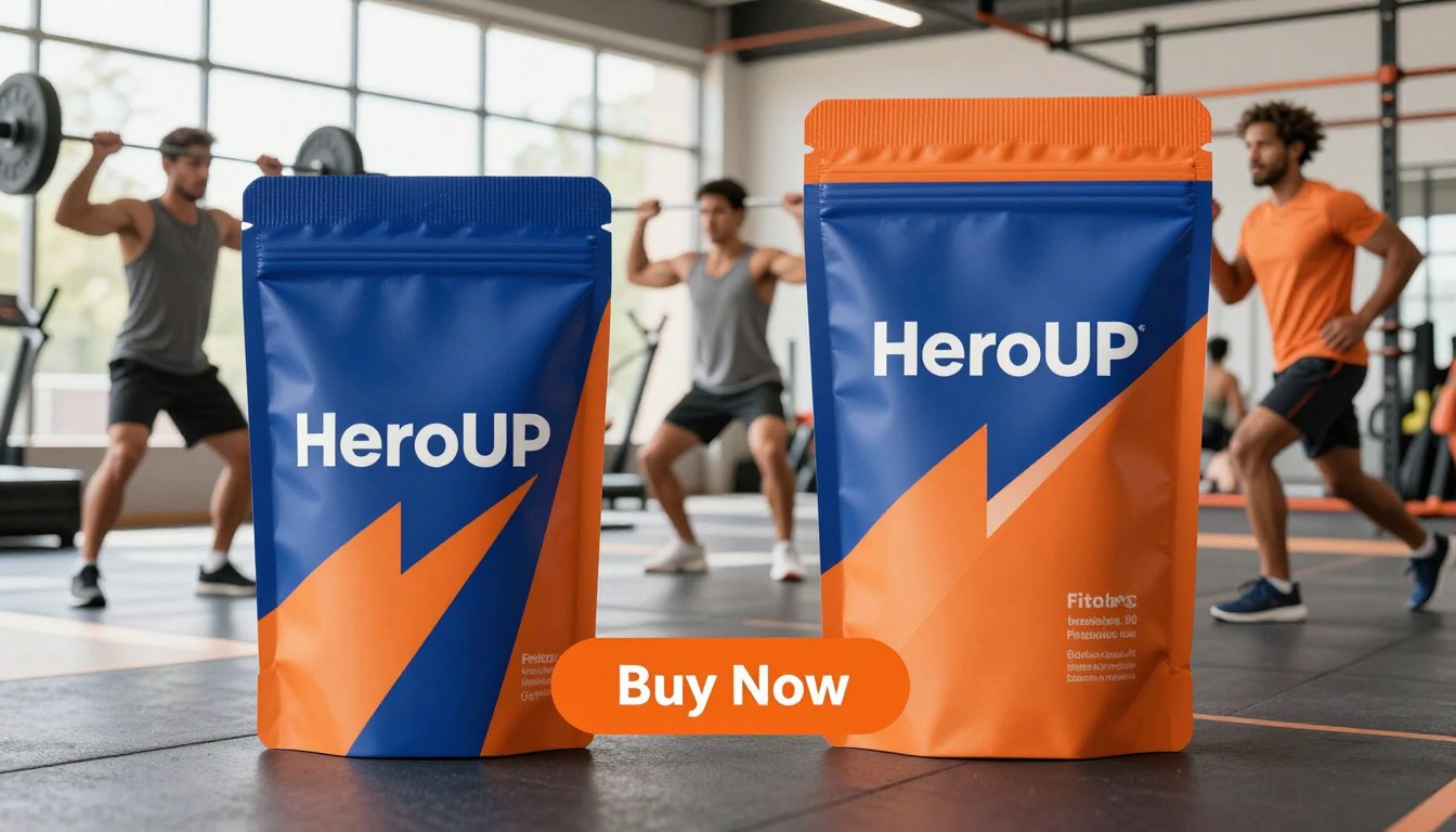 A sleek, modern packaging design for the "HeroUP" supplement prominently displayed in the foreground, featuring dynamic colors of blue and orange for an energetic look. The packaging should incorporate sleek lines, high-quality textures, and a glossy finish that catches the light, suggesting premium quality. In the middle ground, a vibrant, health-focused scene showcasing a diverse group of fit men engaging in various fitness activities, such as lifting weights and jogging, all dressed in modest athletic wear, radiating wellness and vitality. The background should feature a bright, spacious gym or outdoor environment filled with natural light filtering through large windows, creating an uplifting atmosphere. The scene captures motivation and encourages men to elevate their fitness. A clear, visible "Buy Now" button overlay in a contrasting color complements the image, driving consumer action while maintaining a clean and professional look.