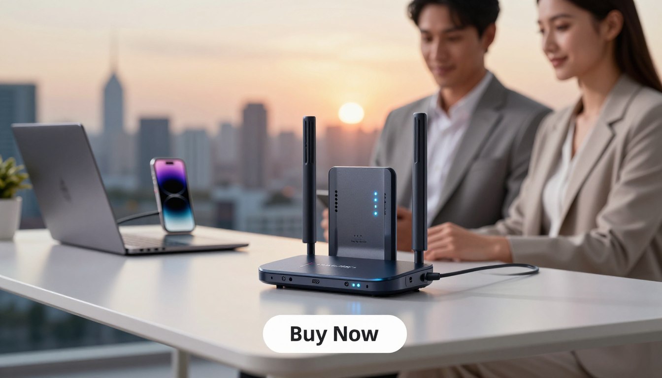 A sleek, modern portable WiFi router is prominently displayed in the foreground, held by a professional man and woman dressed in business attire, showcasing their connection to the Ryoko PRO technology. The router features glowing LED indicators and seamless design, emphasizing its compact form factor. The middle ground captures a stylized, minimalist workspace setup with a laptop and mobile devices connected to the router, illustrating its wireless capabilities. The background consists of a blurred cityscape at sunset, creating a warm, inviting atmosphere that embodies the concept of staying connected anywhere. Soft, diffused lighting enhances the professionalism of the scene, while a "Buy Now" button appears below the product image, with the brand name "Smart Connectivity Devices" subtly featured.