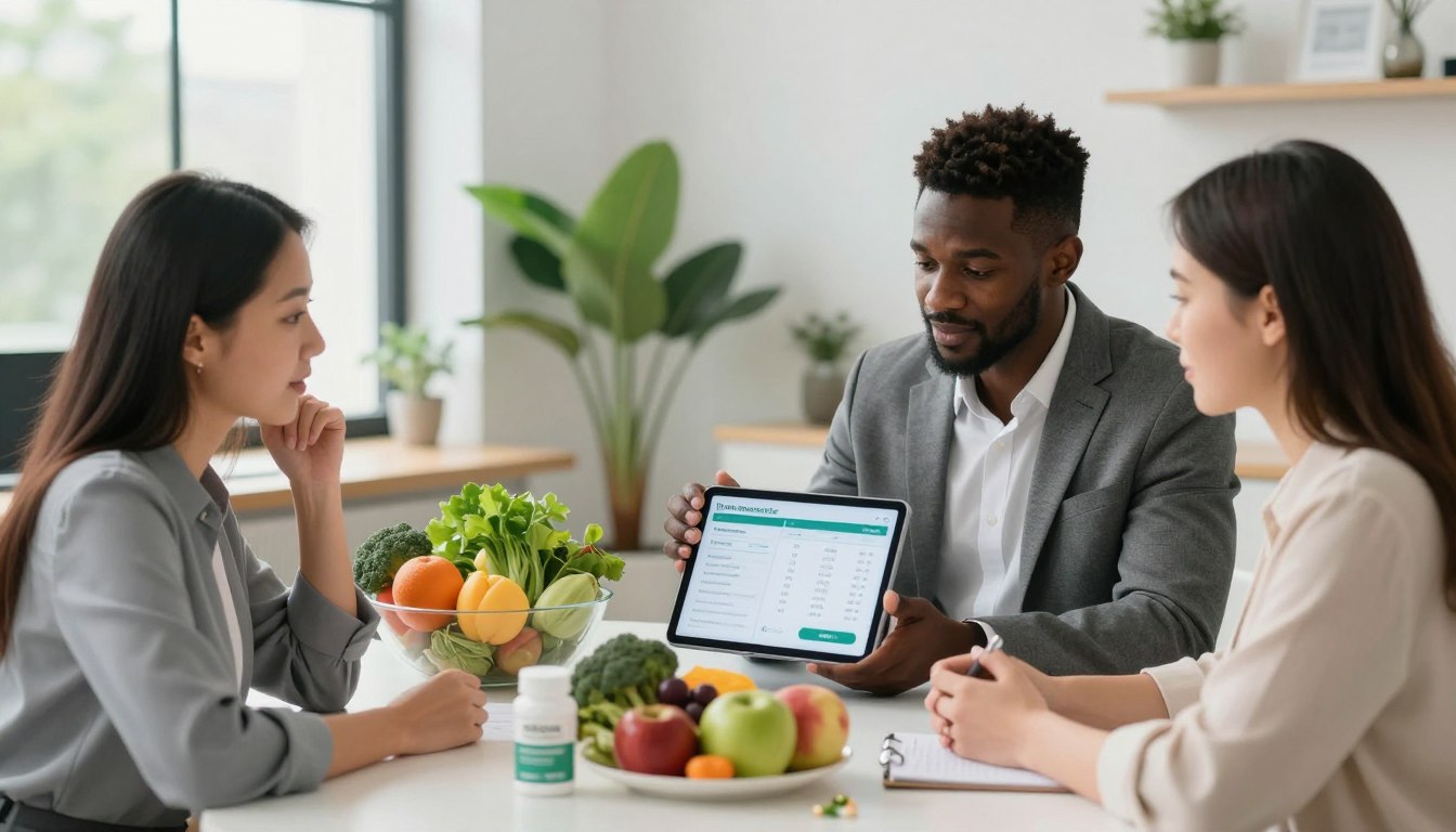 A sleek, modern workspace with a bright, airy atmosphere, emphasizing natural light filtering through large windows. In the foreground, a diverse group of three people—an Asian woman, a Black man, and a Caucasian woman—are engaged in a discussion around a table, all dressed in professional attire. They are examining healthy food options and an interactive digital tablet displaying weight management data. In the middle ground, a variety of fresh fruits, herbs, and supplements are artistically arranged on the table, symbolizing the holistic approach of SlimSana. The background features green plants and wellness-oriented decor, enhancing the natural theme. The overall mood is upbeat and collaborative, capturing the essence of transformation and support in weight management. Use a soft-focus lens to convey warmth and positivity.