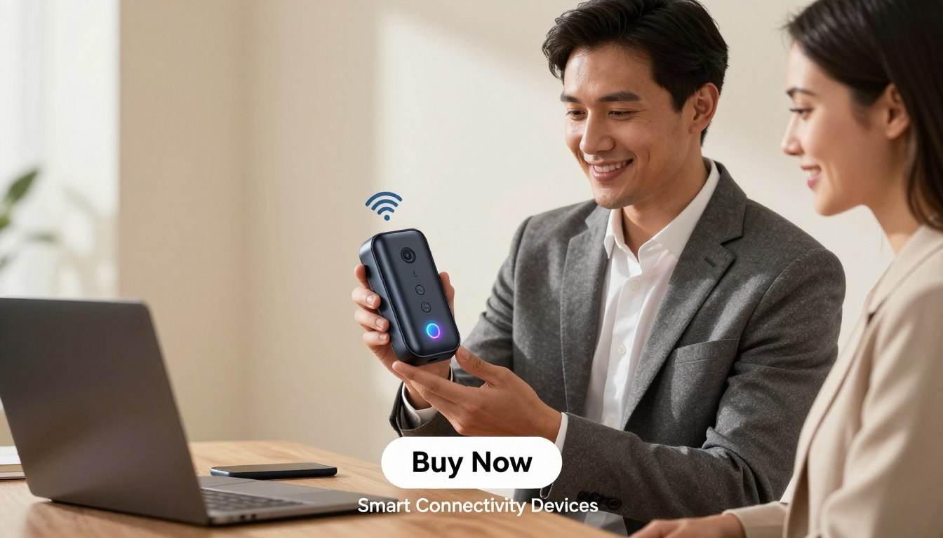 A sleek portable network device designed as a global WiFi hotspot with a modern, compact aesthetic. In the foreground, a professional-looking man and woman are holding the device, smiling as they demonstrate its features. The man is in a tailored business suit, while the woman is dressed in smart casual attire. The device is prominently displayed, showcasing its buttons and a vibrant LED indicator. In the middle ground, a subtle reflection hints at a stylish working space with a laptop and smartphone, emphasizing connectivity. In the background, soft, natural light filters through, creating a warm and inviting atmosphere. At the bottom of the image, a discreet "Buy Now” button is integrated, along with the brand name "Smart Connectivity Devices" subtly placed beneath.