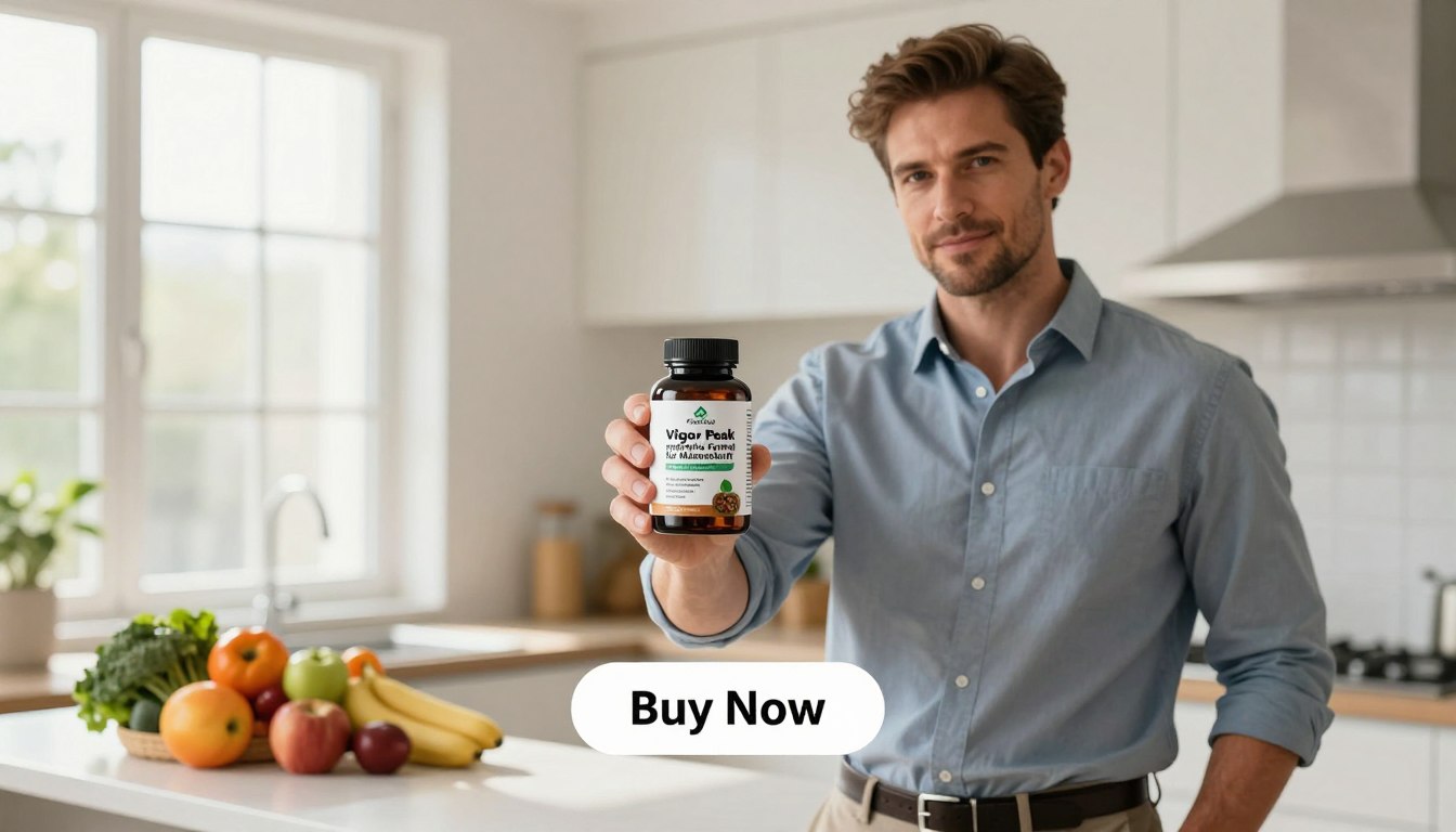 A strong, confident man in professional attire, standing proudly in a well-lit modern kitchen, holds a bottle of "Vigor Peak natürliche Formel für Männerkraft" in one hand. The product is labeled prominently, showcasing its natural ingredients and sleek design. In the background, fresh fruits and vegetables are displayed on a countertop, symbolizing health and vitality. Soft, natural light streams in from a nearby window, creating a warm and inviting atmosphere. A "Buy Now" button is subtly placed below the product, efficiently integrating into the scene. The overall mood conveys strength, wellness, and the promise of enhanced vitality. Brand name "👉 Men’s Health & Vitality Sup" is hinted at as part of the composition, enhancing the focus on male empowerment and health.