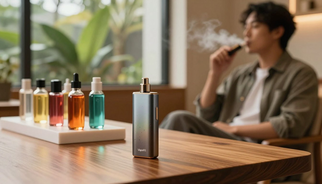 A tranquil, modern vaping lounge with warm, ambient lighting creating a welcoming atmosphere. In the foreground, a sleek, sophisticated vaping device labeled "VapoFil," showcasing its unique design with subtle nature-inspired accents, rests on a polished wooden table. The middle ground features a minimalist display of various flavored vape liquids, each artfully arranged to highlight their vibrant colors. In the background, soft-focus greenery peeks through a large window, symbolizing natural wellness and vitality. A confident individual, dressed in smart casual attire, takes a contemplative puff from the VapoFil device, embodying relaxation and focus. The scene captures an essence of elevated wellness and innovation, inviting viewers to explore the world of premium vaping. Soft, natural light enhances the serene mood of this wellness-centered environment. A tranquil, modern vaping lounge with warm, ambient lighting creating a welcoming atmosphere. In the foreground, a sleek, sophisticated vaping device labeled "VapoFil," showcasing its unique design with subtle nature-inspired accents, rests on a polished wooden table. The middle ground features a minimalist display of various flavored vape liquids, each artfully arranged to highlight their vibrant colors. In the background, soft-focus greenery peeks through a large window, symbolizing natural wellness and vitality. A confident individual, dressed in smart casual attire, takes a contemplative puff from the VapoFil device, embodying relaxation and focus. The scene captures an essence of elevated wellness and innovation, inviting viewers to explore the world of premium vaping. Soft, natural light enhances the serene mood of this wellness-centered environment.