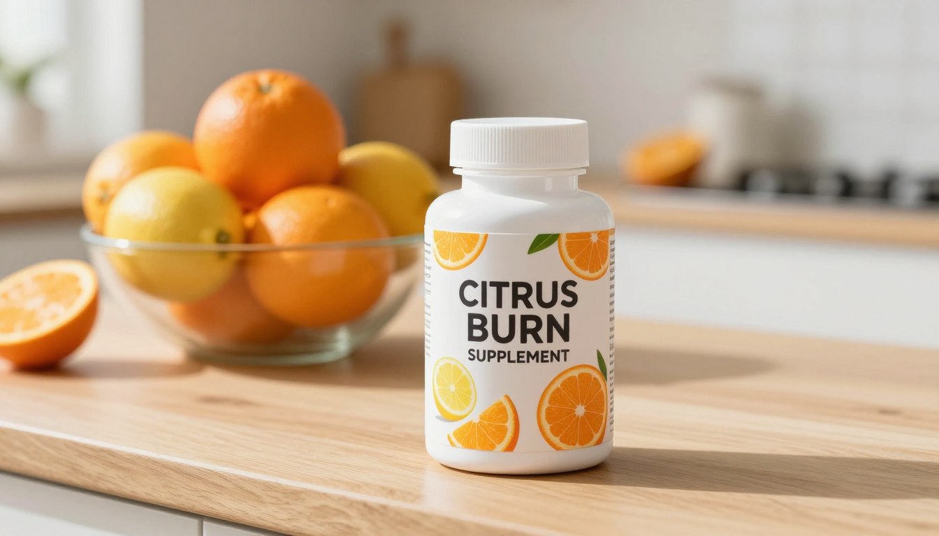 A vibrant and appealing display of a Citrus Burn Supplement bottle, positioned prominently in the foreground. The bottle, designed with a modern aesthetic, showcases bright citrus-themed graphics, including oranges and lemons, symbolizing freshness and vitality. Behind the bottle, a light, naturally lit kitchen scene features a wooden countertop and a bowl of fresh citrus fruits. The background is softly blurred to emphasize the supplement bottle. The lighting is warm and inviting, casting gentle shadows that create depth. The mood is energetic and health-focused, reflecting the essence of weight loss support through the power of citrus fruits. The angle captures the scene at eye-level, engaging the viewer with a sense of optimism and motivation.