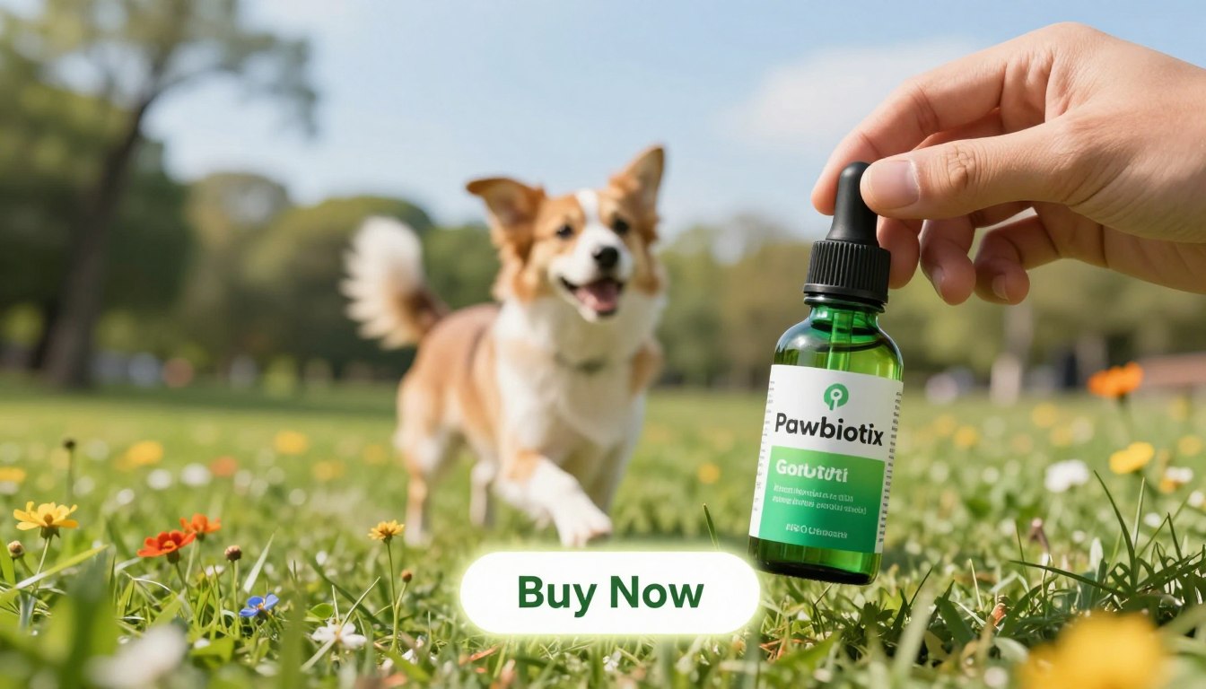A vibrant and clean image showcasing "Pawbiotix" probiotic benefits for a healthy dog gut. In the foreground, a hand holding a green dropper bottle labeled "Pawbiotix," emphasizing its relevance to dog health. In the middle ground, a happy, healthy dog with a shiny coat, energetically playing in a bright, sunny park, surrounded by green grass and colorful flowers. The background features soft-focus trees and a clear blue sky, creating an uplifting atmosphere. The scene should be well-lit, with a warm glow highlighting the product and dog, evoking a sense of vitality and joy. Include a faint, glowing "Buy Now" button and a price tag subtly integrated into the composition, ensuring it remains visually appealing and professional. A vibrant and clean image showcasing "Pawbiotix" probiotic benefits for a healthy dog gut. In the foreground, a hand holding a green dropper bottle labeled "Pawbiotix," emphasizing its relevance to dog health. In the middle ground, a happy, healthy dog with a shiny coat, energetically playing in a bright, sunny park, surrounded by green grass and colorful flowers. The background features soft-focus trees and a clear blue sky, creating an uplifting atmosphere. The scene should be well-lit, with a warm glow highlighting the product and dog, evoking a sense of vitality and joy. Include a faint, glowing "Buy Now" button and a price tag subtly integrated into the composition, ensuring it remains visually appealing and professional.