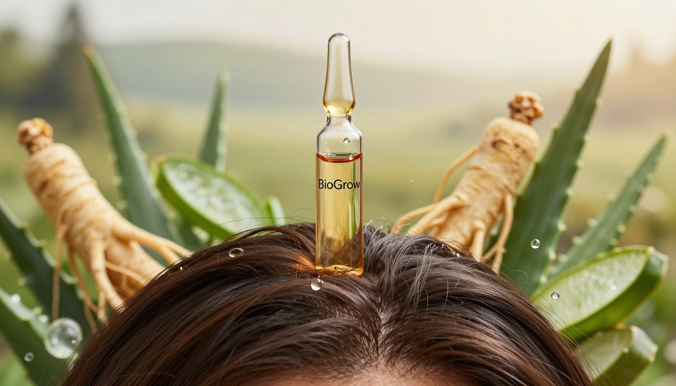 A vibrant and detailed illustration of revitalized hair follicles, showcasing the biological process enhanced by BioGrow. In the foreground, a close-up of a healthy scalp with visibly revitalized hair follicles, detailed and textured, highlighting stimulation and growth. In the middle ground, an elegant glass ampoule of BioGrow serum, with droplets capturing light, surrounded by plant-based ingredients like ginseng and aloe vera. The background features a soft-focus of a serene, natural landscape, implying a connection to nature and holistic wellness. The lighting is warm and inviting, creating an atmosphere of rejuvenation and vitality, shot with a macro lens to emphasize details and enhance the connection to hair health. A vibrant and detailed illustration of revitalized hair follicles, showcasing the biological process enhanced by BioGrow. In the foreground, a close-up of a healthy scalp with visibly revitalized hair follicles, detailed and textured, highlighting stimulation and growth. In the middle ground, an elegant glass ampoule of BioGrow serum, with droplets capturing light, surrounded by plant-based ingredients like ginseng and aloe vera. The background features a soft-focus of a serene, natural landscape, implying a connection to nature and holistic wellness. The lighting is warm and inviting, creating an atmosphere of rejuvenation and vitality, shot with a macro lens to emphasize details and enhance the connection to hair health.