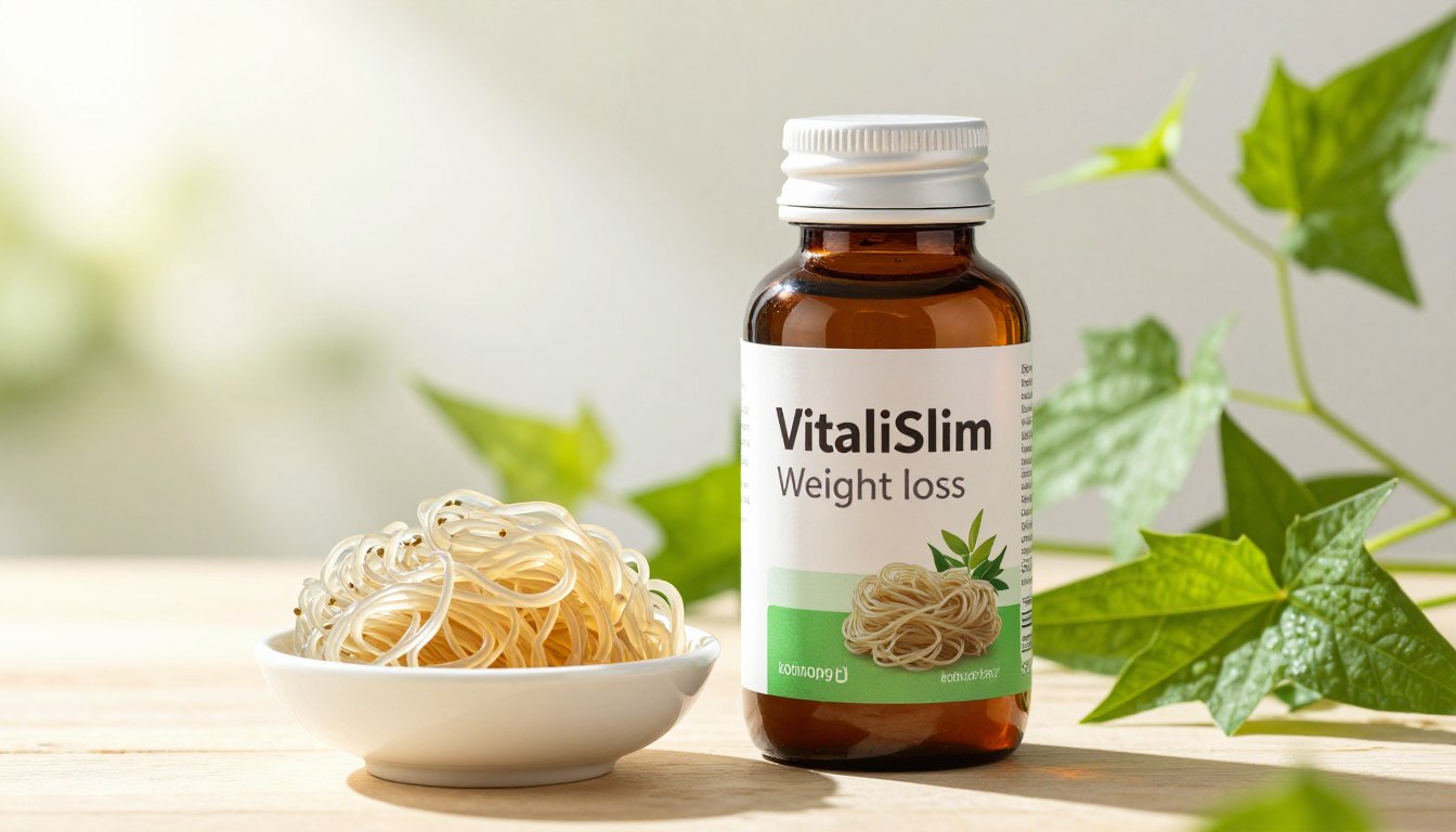 A vibrant and detailed still life composition featuring konjac extract, presented in a sleek glass bottle with a label prominently displaying "VitaliSlim Weight loss". In the foreground, the bottle sits on a light wooden surface, adjacent to a small bowl filled with konjac noodles, showcasing their gelatinous texture. Surrounding the bottle are fresh green konjac plants, adding a natural touch. The background is softly blurred to create a bright, airy atmosphere, with gentle sunlight pouring in from the left, casting soft shadows and highlighting the smooth curves of the bottle. The overall mood is fresh, healthy, and inviting, emphasizing the natural aspect of the konjac extract and its role in a weight loss journey.