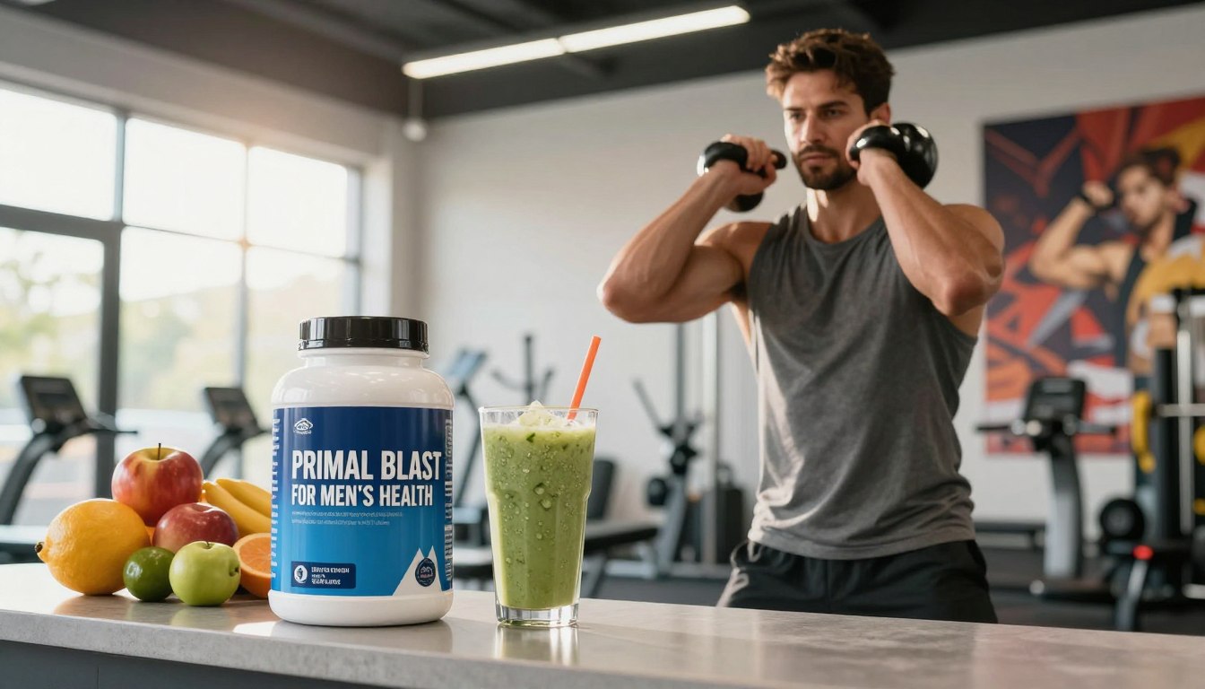 A vibrant and dynamic image showcasing the core benefits of "Primal Blast for Men's Health." In the foreground, depict a muscular man in a fitness center, wearing modest athletic attire, engaging in a strength training exercise with kettlebells, symbolizing power and vitality. In the middle ground, feature elements like a nutritious shake and fresh fruits on a counter, representing the health aspects of the product. The background should have a softly lit gym atmosphere, with motivational fitness posters and natural sunlight filtering through large windows, creating an inspiring and uplifting mood. Use a slightly angled perspective to add depth, highlighting the man’s determination and the vibrant colors to evoke energy and wellness. A vibrant and dynamic image showcasing the core benefits of "Primal Blast for Men's Health." In the foreground, depict a muscular man in a fitness center, wearing modest athletic attire, engaging in a strength training exercise with kettlebells, symbolizing power and vitality. In the middle ground, feature elements like a nutritious shake and fresh fruits on a counter, representing the health aspects of the product. The background should have a softly lit gym atmosphere, with motivational fitness posters and natural sunlight filtering through large windows, creating an inspiring and uplifting mood. Use a slightly angled perspective to add depth, highlighting the man’s determination and the vibrant colors to evoke energy and wellness.