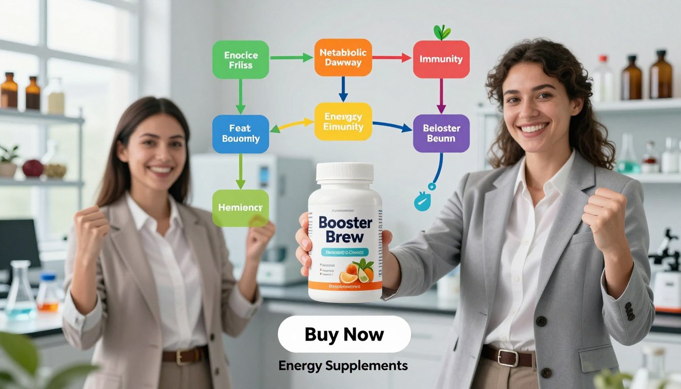 A vibrant and engaging illustration showcasing the "Booster Brew" wellness drink, emphasizing its science-backed metabolic pathways. In the foreground, a man and woman in professional attire enthusiastically hold the product, smiling as they present it to the viewer. The middle ground features a dynamic flowchart representing metabolic pathways, illustrated with bright colors and interconnected elements symbolizing energy and immunity. The background is a softly blurred laboratory setting, with shelves lined with natural ingredients and scientific equipment that suggest a research environment. Bright, natural lighting illuminates the scene, creating a fresh and invigorating atmosphere. At the bottom of the image, a clear "Buy Now" button is placed beneath the product, alongside the brand name "Energy Supplements." The overall mood is uplifting and empowering, inspiring viewers to embrace healthy living.