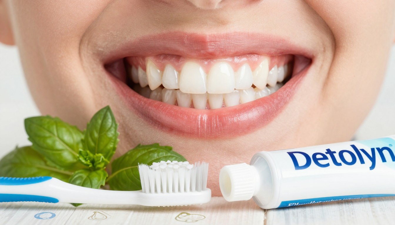 A vibrant and engaging image featuring a close-up of a healthy mouth with sparkling white teeth and vibrant pink gums, emphasizing oral health. In the foreground, integrate elements like a toothbrush and a tube of Dentolyn naturally positioned, suggesting daily dental care. The middle ground should showcase fresh herbs and natural ingredients, reinforcing the theme of supporting healthy gums and teeth, alongside symbols of gut health like a leaf or digestive enzyme icon. The background should fade into a serene, clean environment with soft lighting to create a calming atmosphere, evoking trust and wellness. Capture this scene using a slightly overhead angle to frame the dental products and healthy elements clearly. No captions or overlays, just a strong visual emphasis on natural oral health support.