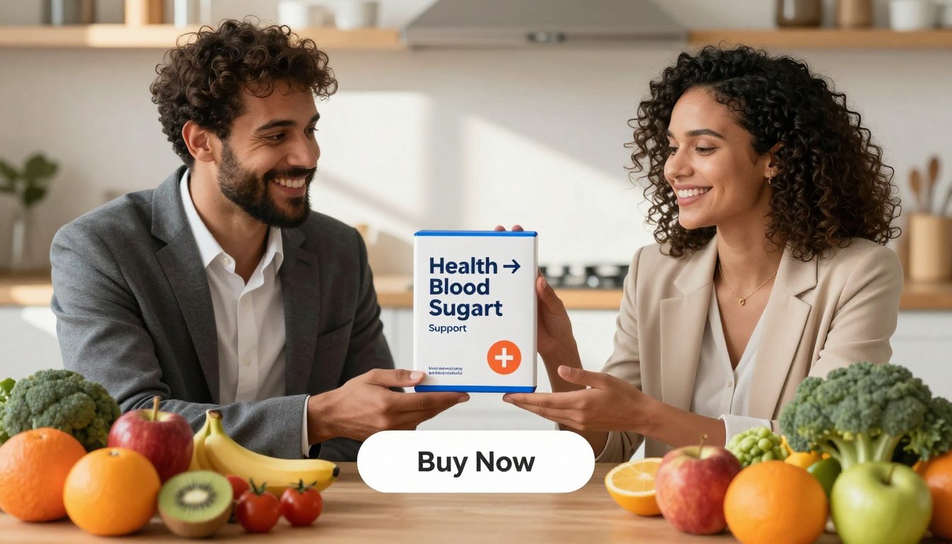 A vibrant and engaging scene depicting a "blood sugar balancing act." In the foreground, a diverse man and woman, dressed in professional business attire, hold a sleek, modern product labeled "Health → Blood Sugar Support." The product should be prominently displayed between them. In the middle ground, a variety of colorful fruits and veggies surround them, symbolizing healthy dietary choices and natural support for blood sugar levels. The background features a serene kitchen or wellness space bathed in warm, natural light, with soft shadows enhancing the atmosphere. The image captures a sense of harmony and optimism, inviting viewers to consider the importance of managing blood sugar effectively. Below the product, a subtle "Buy Now" button is integrated into the design, ensuring a cohesive and informative presentation.