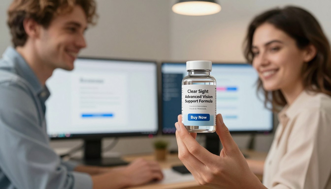 A vibrant and engaging scene depicting a modern, stylish man and woman in a professional setting, both casually dressed, holding a bottle of "Clear Sight – Advanced Vision Support Formula" prominently. In the foreground, the clear glass bottle, labeled with “Health & Wellness," glistens under soft, ambient lighting. The background features a cozy, well-lit office with digital screens displaying various apps, emphasizing the theme of screen time. A “Buy Now” button is featured beneath the product, inviting action. The overall mood is optimistic and health-conscious, showcasing the importance of eye support in today’s digital age. The use of a shallow depth of field adds focus on the product while blurring the surroundings slightly, giving a polished, professional look to the composition.