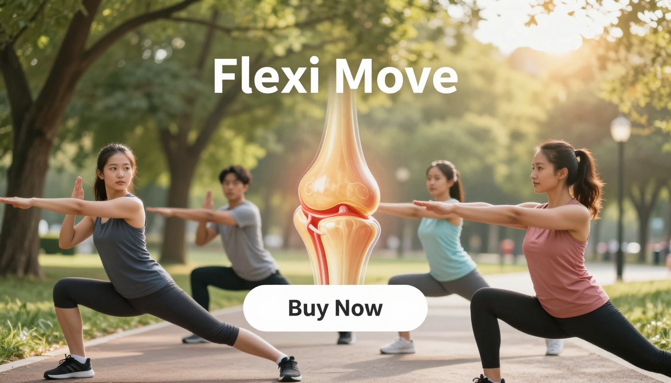 A vibrant and engaging scene showcasing the benefits of "Flexi Move" for healthy blood flow and cartilage restoration. In the foreground, a diverse group of three active individuals in professional athletic wear, demonstrating dynamic stretching exercises that highlight joint flexibility. The middle ground includes a graphic representation of healthy joints, showing smooth cartilage and flowing blood, illuminated in soft, warm light to evoke a sense of vitality and comfort. In the background, a serene park environment with lush green trees and soft sunlight filtering through leaves to create a peaceful, inviting atmosphere. Use a soft-focus lens effect to enhance warmth and connection. The overall mood should convey energy, health, and the joy of movement, with a clear and visible "Buy Now" button overlay for product emphasis. A vibrant and engaging scene showcasing the benefits of "Flexi Move" for healthy blood flow and cartilage restoration. In the foreground, a diverse group of three active individuals in professional athletic wear, demonstrating dynamic stretching exercises that highlight joint flexibility. The middle ground includes a graphic representation of healthy joints, showing smooth cartilage and flowing blood, illuminated in soft, warm light to evoke a sense of vitality and comfort. In the background, a serene park environment with lush green trees and soft sunlight filtering through leaves to create a peaceful, inviting atmosphere. Use a soft-focus lens effect to enhance warmth and connection. The overall mood should convey energy, health, and the joy of movement, with a clear and visible "Buy Now" button overlay for product emphasis.