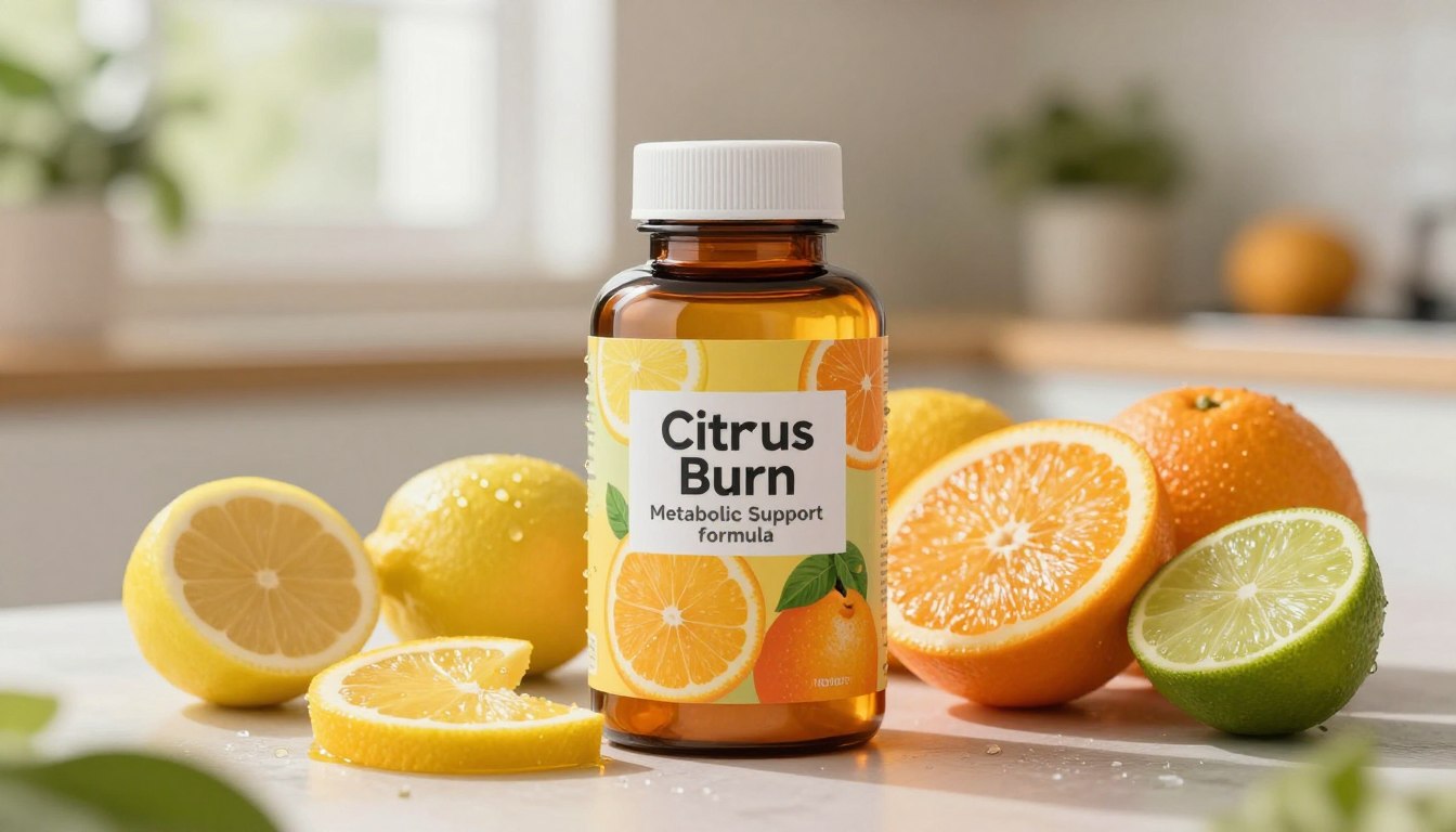 A vibrant and enticing display of a Citrus Burn Metabolic Support Formula. In the foreground, a sleek, modern bottle with a colorful label showcasing citrus fruits—lemons, oranges, and limes—surrounding it. The bottle is illuminated by a warm, soft light to create an inviting feel. In the middle, an array of fresh, juicy citrus slices is artfully arranged with subtle dew drops to highlight freshness. In the background, blurred greenery and a light kitchen setting suggest a healthy lifestyle ambiance, with soft natural light filtering through. The mood is energetic and revitalizing, capturing the essence of health and wellness that citrus fruits embody, while maintaining a clean and professional look.