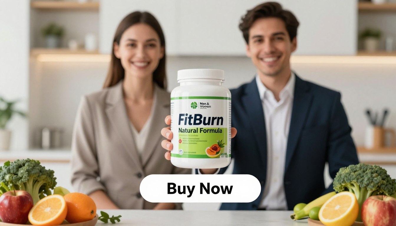 A vibrant and eye-catching product image featuring a man and a woman holding the "FitBurn Natural Formula" container prominently in the foreground. Both individuals should be dressed in professional business attire, exuding a sense of health and vitality. The middle ground should display healthy lifestyle elements, such as fresh fruits, vegetables, and fitness equipment subtly arranged around them, conveying the essence of weight management and energy. The background should be softly blurred to hint at a bright, modern kitchen or gym environment, with warm, inviting lighting to create an uplifting atmosphere. A large and eye-catching "Buy Now" button is positioned below the product, complementing the design. The brand name "Men & Women (Unisex Product)" is subtly incorporated into the overall composition without overwhelming the visuals.