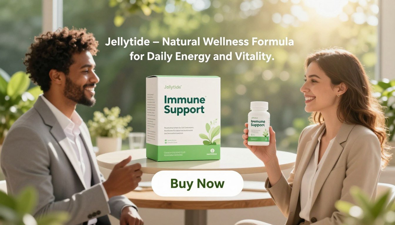 A vibrant and inviting product display showcasing "Jellytide – Natural Wellness Formula for Daily Energy and Vitality." In the foreground, a diverse man and woman, dressed in professional business attire, proudly hold the Jellytide product, smiling and exuding energy. The middle ground features an elegantly designed product box with the brand name "Immune Support" prominently displayed. In the background, a serene, sunlit environment with lush greenery suggests vitality and health, enhanced by gentle, warm sunlight streaming through. The composition is balanced and harmonious, creating an uplifting atmosphere that embodies wellness. The image should be captured with a soft-focus lens effect, ensuring a friendly and approachable mood without any text overlays or distractions. A subtle "Buy Now" button visually integrated into the design invites interest while keeping the focus on the product.