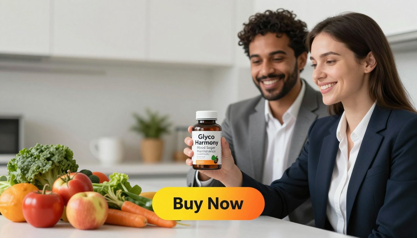 A vibrant and inviting scene featuring a well-lit, modern kitchen as the background. In the foreground, a diverse man and woman, dressed in professional business attire, each holding a sleek, branded bottle of "Glyco Harmony Blood Sugar Maintenance Supplement Formula." Their expressions are focused and positive, conveying a sense of trust and vitality. Soft, natural lighting highlights their features and the product, creating an atmosphere of health and wellness. The middle ground showcases fresh vegetables and fruits, emphasizing a healthy lifestyle. Below the product, a prominent "Buy Now" button in an eye-catching color invites action, reinforcing the product's accessibility. The overall mood is uplifting and energetic, inspiring viewers to consider natural diabetes management through Glyco Harmony.