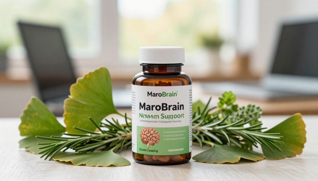 A vibrant close-up image depicting the MaroBrain natural brain support supplement bottle prominently in the foreground. The bottle, elegantly designed with a sleek, modern aesthetic, should showcase its labels with organic elements, emphasizing brain health and cognitive enhancement. In the middle ground, place an array of fresh herbs and plants known for cognitive benefits, such as ginkgo biloba and rosemary, artfully arranged to create an inviting health-conscious atmosphere. The background should feature a soft-focus office setting with a warm, natural light filtering through a window, suggesting a calm yet productive environment. Capture the essence of focus and clarity by using a slight bokeh effect to keep the viewer's attention on the supplement, while evoking a sense of well-being and mental vitality.