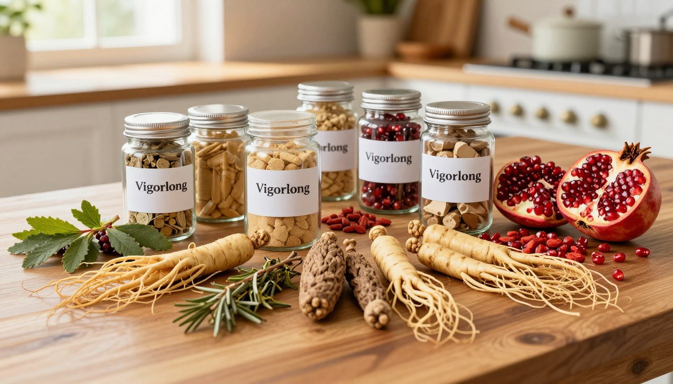 A vibrant display of Vigorlong ingredients arranged on a polished wooden table. In the foreground, colorful herbs like ginseng and maca root are artistically distributed, showcasing their textures and colors. In the middle, glass jars filled with powdered supplements are neatly labeled, reflecting the natural hues of the ingredients. A few fresh fruits, such as goji berries and pomegranate, are placed nearby, adding pops of red. The background features a softly blurred kitchen environment, illuminated by warm, natural light streaming through a window, creating a cozy and inviting atmosphere. The overall feel is one of health, vitality, and wellness, emphasizing the potent nature of these ingredients. Capture this scene from a slightly elevated angle to provide depth.