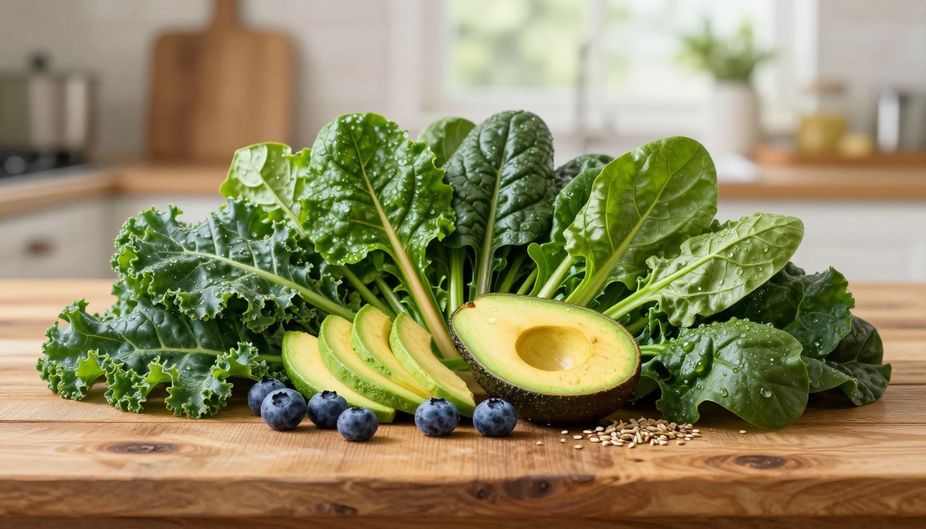 A vibrant display of antioxidant-rich greens, featuring a variety of fresh leafy vegetables such as kale, spinach, and Swiss chard, arranged artfully on a rustic wooden table in the foreground. The greens are dewy and glistening, showcasing their freshness. In the middle, include colorful accents of sliced avocados, blueberries, and a sprinkle of seeds for contrast and visual interest. The background should be softly blurred, suggesting a sunlit kitchen setting with gentle, natural light filtering through a window, creating a warm and inviting atmosphere. Use a shallow depth of field to emphasize the richness and texture of the greens, while maintaining a clean and professional aesthetic that conveys health and vitality. A vibrant display of antioxidant-rich greens, featuring a variety of fresh leafy vegetables such as kale, spinach, and Swiss chard, arranged artfully on a rustic wooden table in the foreground. The greens are dewy and glistening, showcasing their freshness. In the middle, include colorful accents of sliced avocados, blueberries, and a sprinkle of seeds for contrast and visual interest. The background should be softly blurred, suggesting a sunlit kitchen setting with gentle, natural light filtering through a window, creating a warm and inviting atmosphere. Use a shallow depth of field to emphasize the richness and texture of the greens, while maintaining a clean and professional aesthetic that conveys health and vitality.