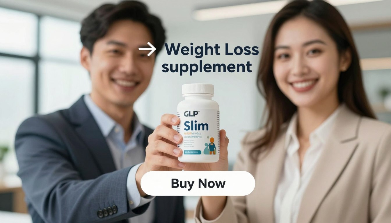 A vibrant, engaging product image featuring a man and woman in professional business attire, both smiling as they hold the GLP Slim weight loss supplement bottle prominently in the foreground. The background showcases a modern office environment with soft natural lighting, creating a warm and inviting atmosphere. In the middle ground, a subtle "Buy Now" button is placed elegantly below the product to attract attention. The composition utilizes a shallow depth of field to keep the focus on the characters and the product while blurring the background slightly. The brand name "👉 Weight Loss Supplement" should be creatively incorporated into the design, ensuring it is eye-catching but harmoniously integrated. The overall mood is positive and motivational, reflecting a sense of health and well-being. A vibrant, engaging product image featuring a man and woman in professional business attire, both smiling as they hold the GLP Slim weight loss supplement bottle prominently in the foreground. The background showcases a modern office environment with soft natural lighting, creating a warm and inviting atmosphere. In the middle ground, a subtle "Buy Now" button is placed elegantly below the product to attract attention. The composition utilizes a shallow depth of field to keep the focus on the characters and the product while blurring the background slightly. The brand name "👉 Weight Loss Supplement" should be creatively incorporated into the design, ensuring it is eye-catching but harmoniously integrated. The overall mood is positive and motivational, reflecting a sense of health and well-being.