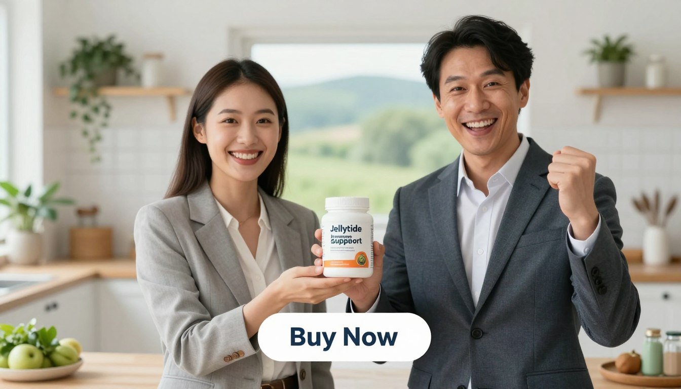 A vibrant, engaging scene showcasing a man and woman dressed in professional business attire, smiling and holding a stylish container of "Jellytide – Immune Support." The foreground features the duo, their faces radiating energy and vitality as they promote the wellness product. In the middle ground, an inviting kitchen or wellness space with natural lighting enhances the atmosphere, filled with greenery and health-focused decor. The background softly blurs into a serene landscape, symbolizing health and tranquility. The overall mood is optimistic and energetic, encouraging a sense of daily vitality and healthy living. Below the image, add a clear, appealing "Buy Now" button, seamlessly integrated into the design.
