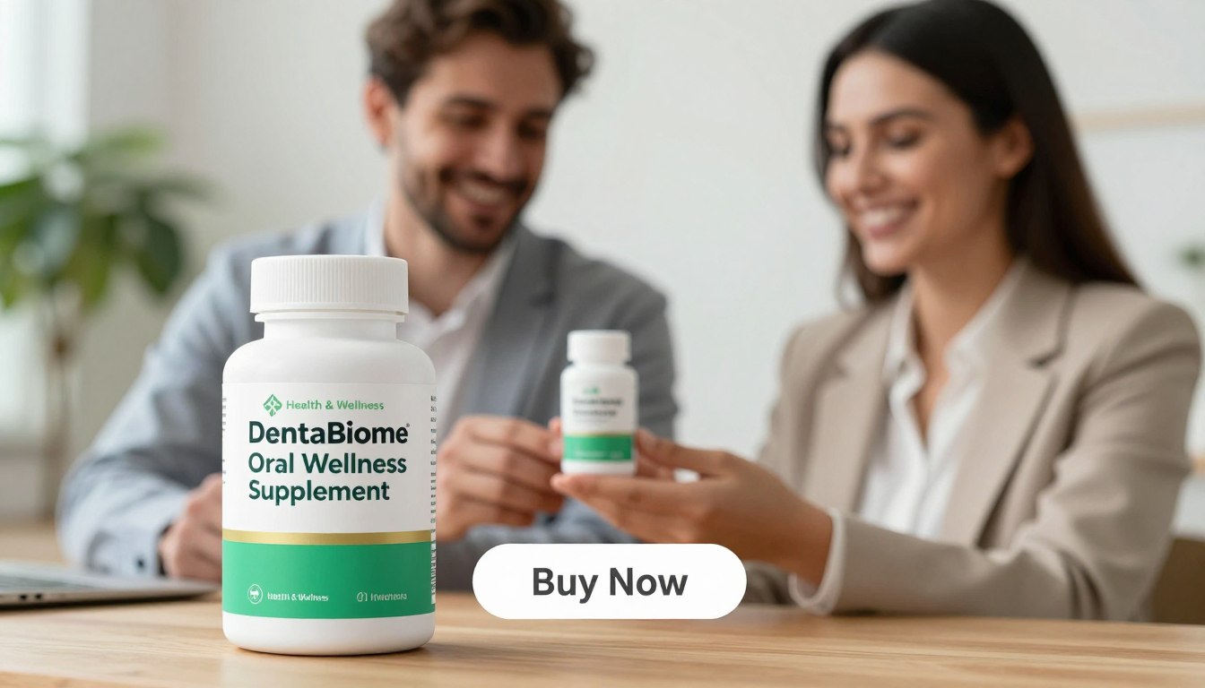 A vibrant, eye-catching image featuring a sleek bottle of "DentaBiome Oral Wellness Supplement" prominently displayed in the foreground. The bottle, designed with a modern, minimalist aesthetic, is white with accents of green and gold, showcasing the "Health & Wellness" brand logo on the front. In the middle ground, a healthy, smiling man and woman, dressed in professional business attire, are holding the bottle together, exuding confidence and approachability. Soft, natural lighting illuminates the scene, creating an inviting and warm atmosphere. In the background, an elegant wooden table provides a subtle texture, while blurred green plants enhance the feeling of health and vitality. A "Buy Now" button appears below the product, suggesting action and engagement. The overall mood is encouraging, conveying the strong message of breakthrough innovation in oral health supplementation. A vibrant, eye-catching image featuring a sleek bottle of "DentaBiome Oral Wellness Supplement" prominently displayed in the foreground. The bottle, designed with a modern, minimalist aesthetic, is white with accents of green and gold, showcasing the "Health & Wellness" brand logo on the front. In the middle ground, a healthy, smiling man and woman, dressed in professional business attire, are holding the bottle together, exuding confidence and approachability. Soft, natural lighting illuminates the scene, creating an inviting and warm atmosphere. In the background, an elegant wooden table provides a subtle texture, while blurred green plants enhance the feeling of health and vitality. A "Buy Now" button appears below the product, suggesting action and engagement. The overall mood is encouraging, conveying the strong message of breakthrough innovation in oral health supplementation.